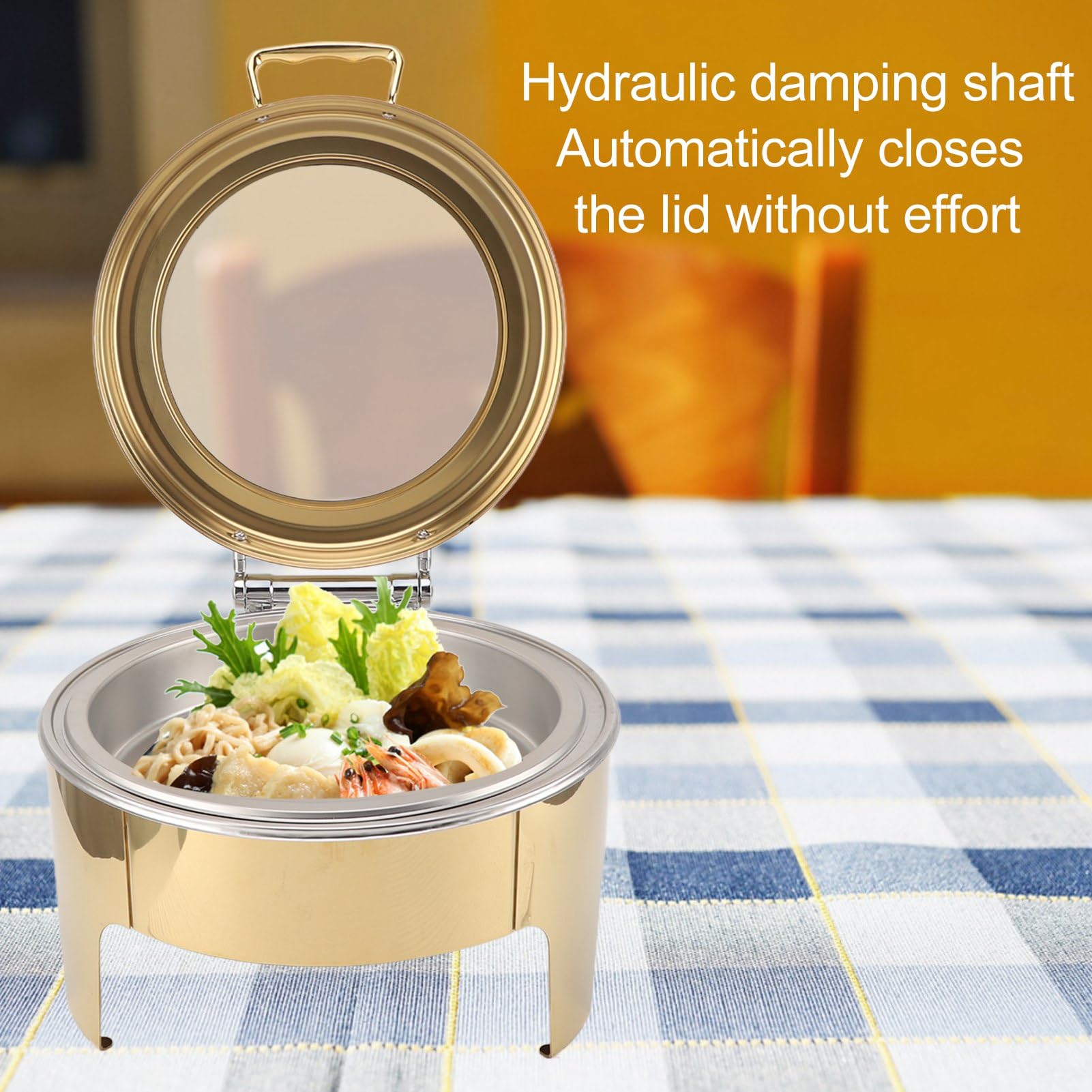 Zunate Plato de Frotamiento Redondo Dorado para Buffet |Cacerola de de Acero Inoxidable de 6 Litros con Tapa Abatible de 90 Grados para Calentar Alcohol (1 sartén de tamaño completo)