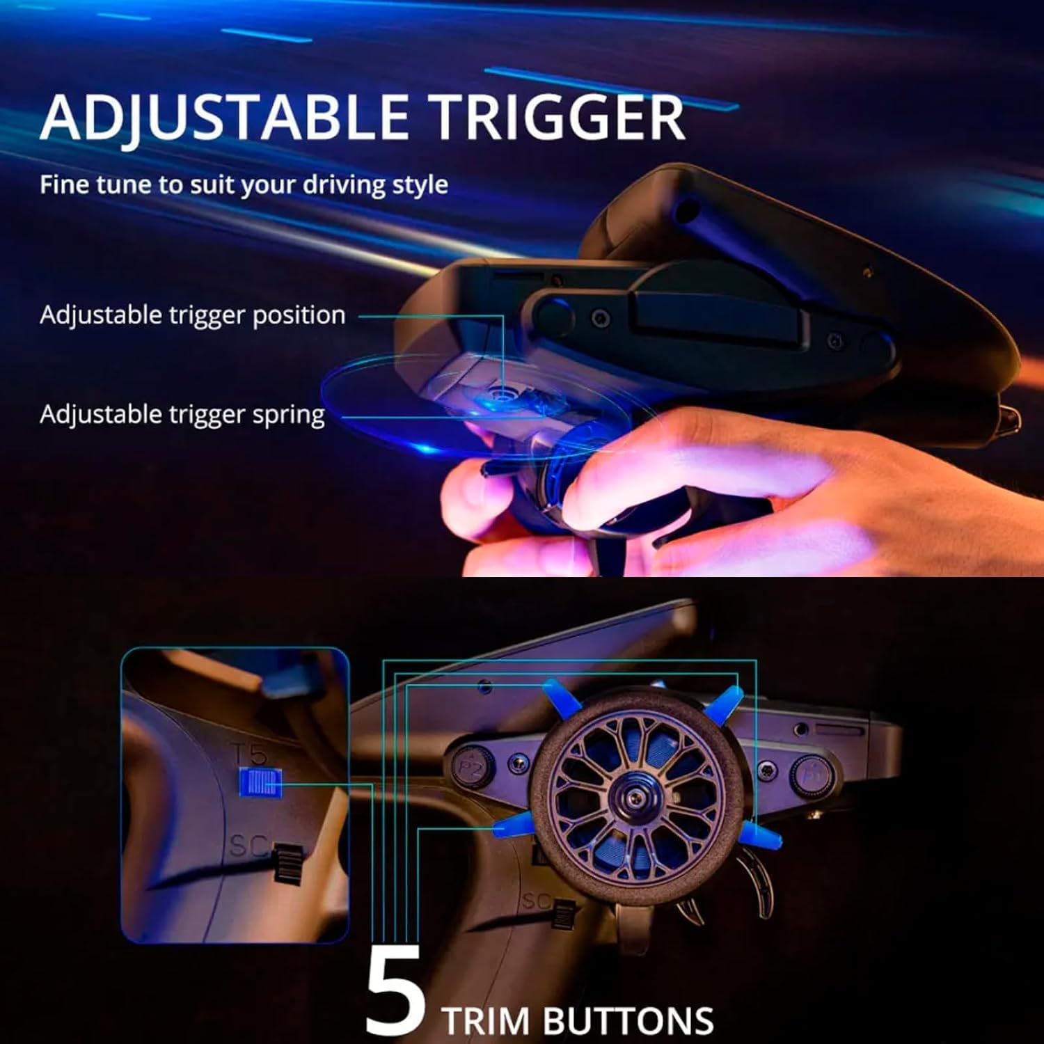 Radiomaster MT12 showing the adjustable trigger and 5 trim buttons.
