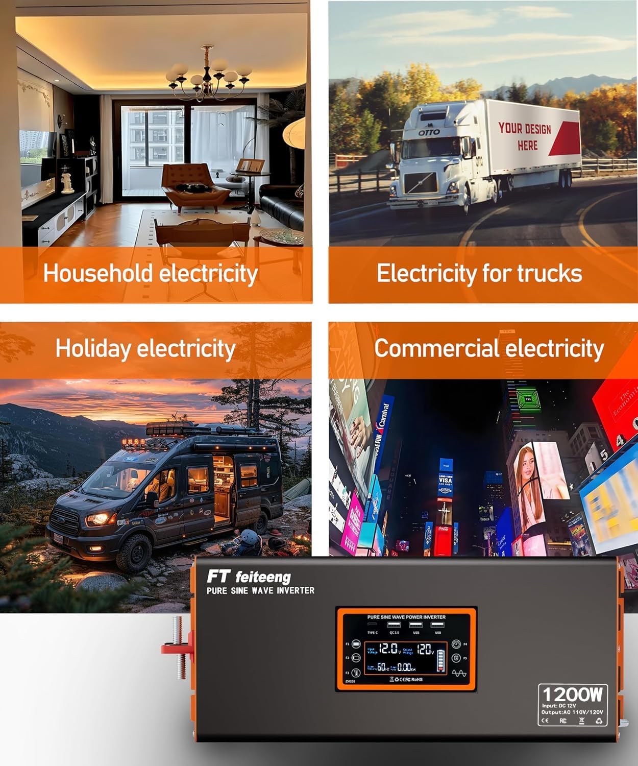 1200W Pure Sine Wave Power Inverter, 12V to 110V Car Inverter with Type-C Port, Dual AC Outlets, 3 USB Ports, LCD Display, Wireless Remote Control (Peak 2400W)