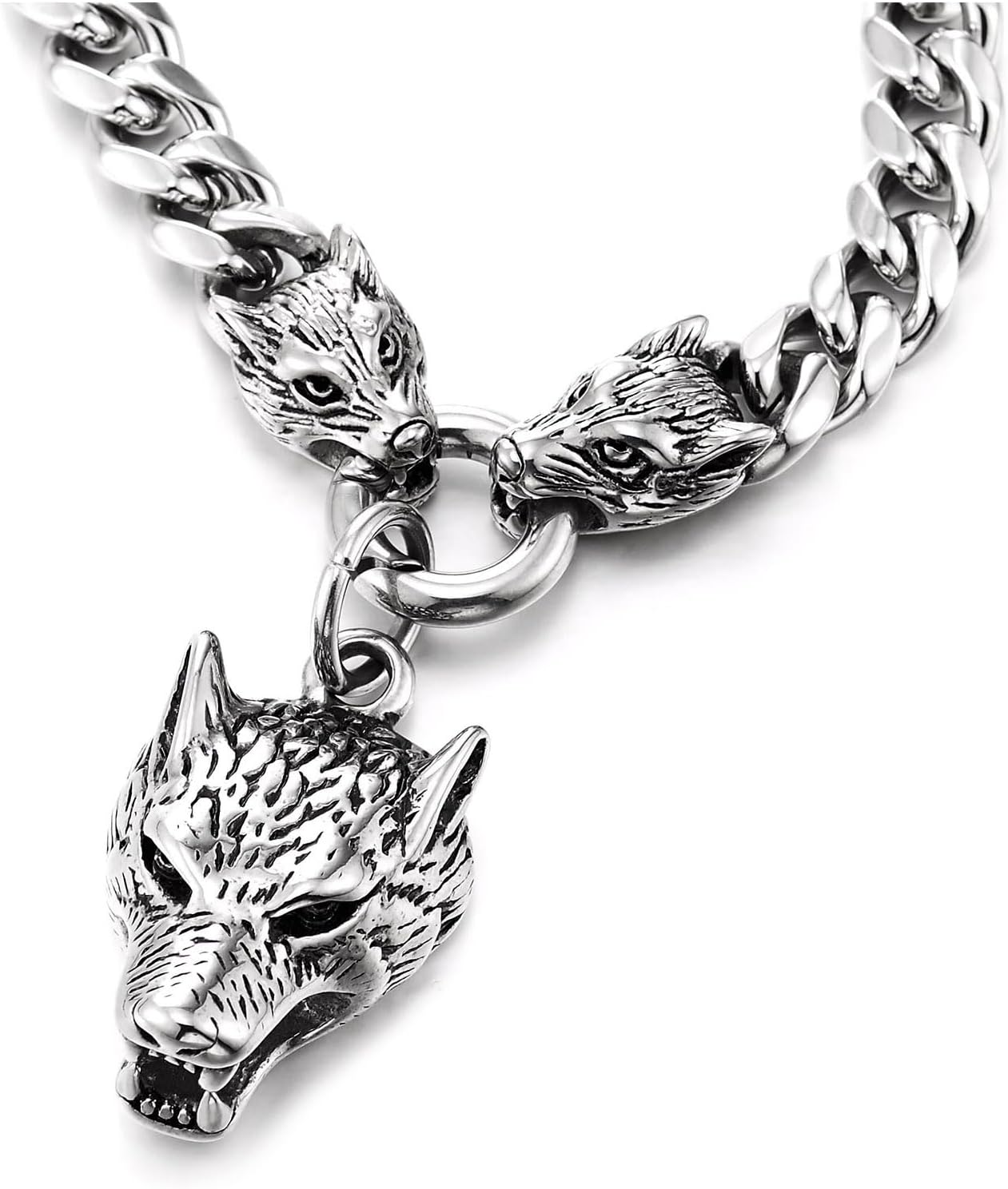 COOLSTEELANDBEYOND Men's Stainless Steel Triple Wolf Head Necklace, Viking Norse Curb Chain, Cuban Link Predator Pendant, Rugged Biker Jewelry, Gift for Him