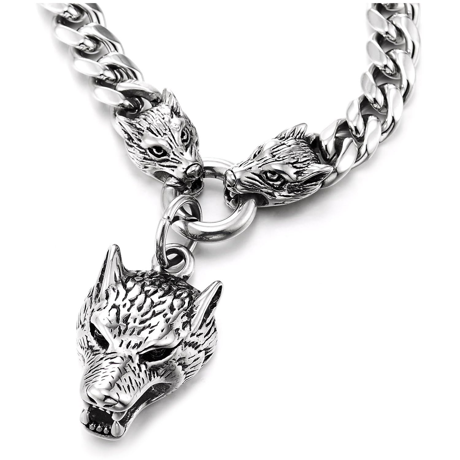 COOLSTEELANDBEYOND Collana da Uomo in Acciaio Inossidabile con Tripla Testa di Lupo, Catena Groumette Vichinga Norrena, Ciondolo Predatore a Maglia Cubana, Gioiello Biker Grintoso, Regalo per Lui