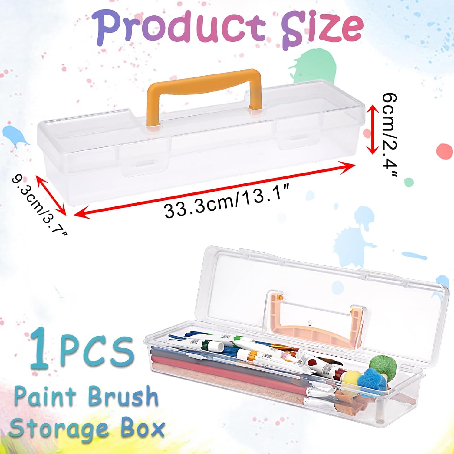 BTSKY 1 Pack Clear Plastic Painting Brush Container with Yellow Handle, Portable Long Paintbrush Case, Drawing Tools Storage Box, Practical Art Supply Organizer for Artist Crafters, 13.1"x3.7"x2.4" - Image 3