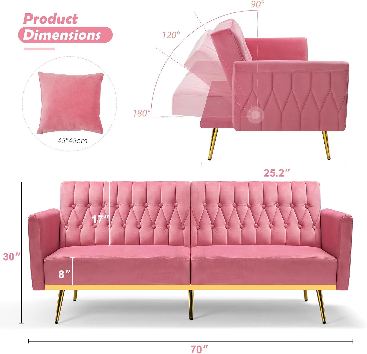2 Pieces Tufted Velvet Sofa Set w/Adjustable Backrests & Armrests, Sofa Bed & Recliner Chair W/Pillows, Convertible Living Room Sets W/Golden Legs for Apartment, Office, Pink