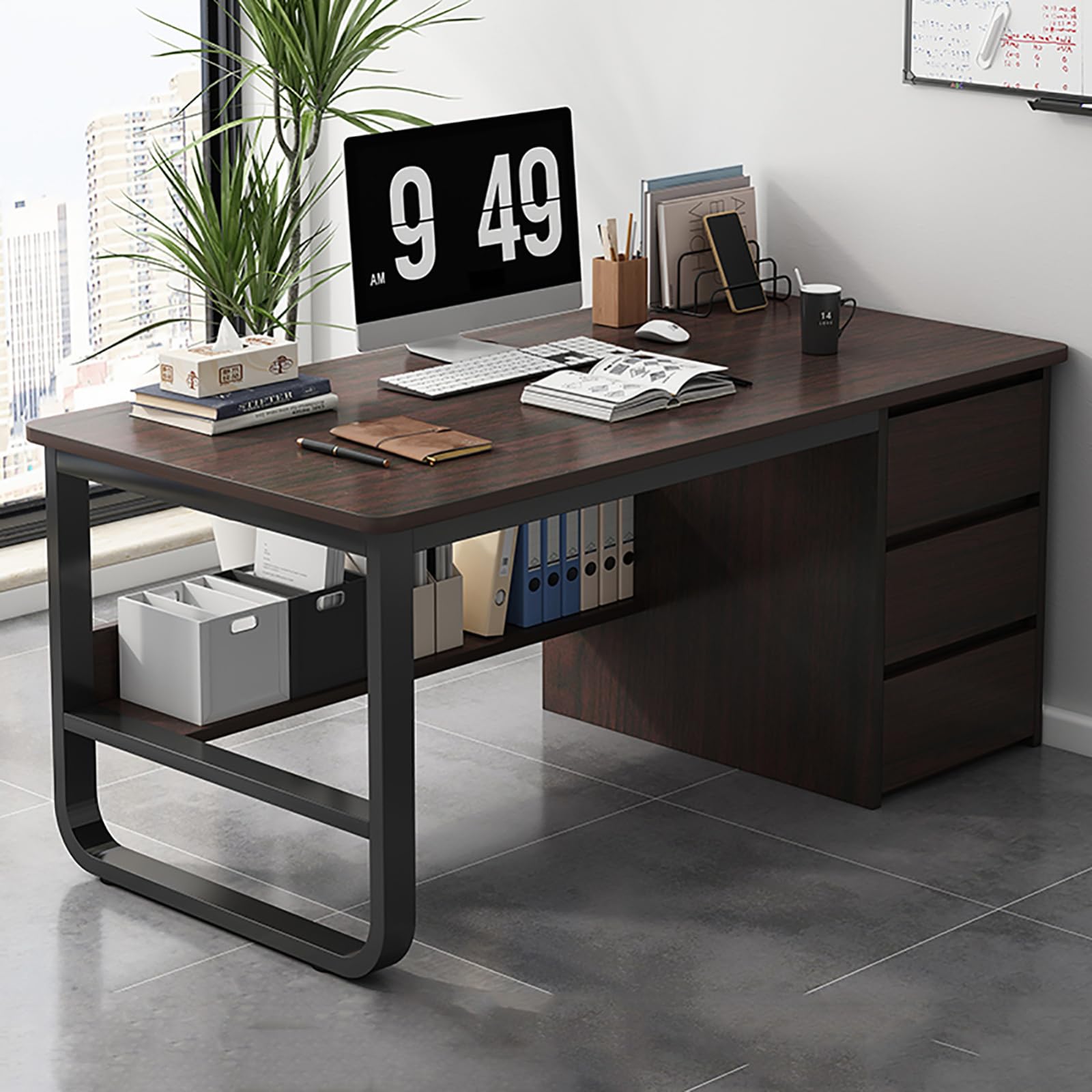 LIUWOPA Computer Desk with 3 Drawers, Industrial PC Table Workstation Study Writing Desk with Cable Management, Modern Executive Desk for Home Office (120x50x75cm(47x20x29in), Walnut)
