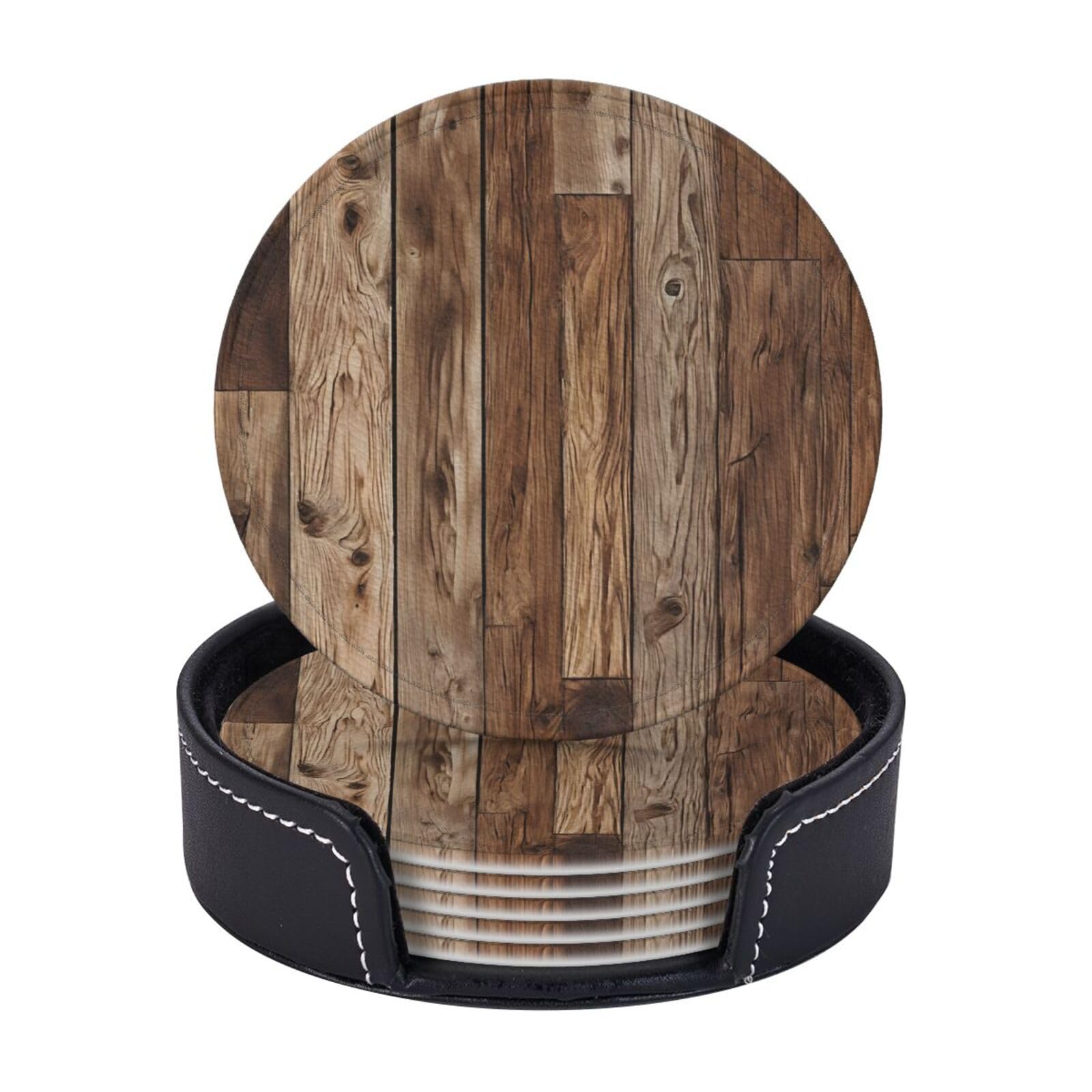 AUGUSTRUSH Round PU Leather Coasters Set of 6, Brown Wood Print coaster with Storage Box, Heat-Resistant Non-Slip Drink Pads for Kitchen Desk Office Dining Table