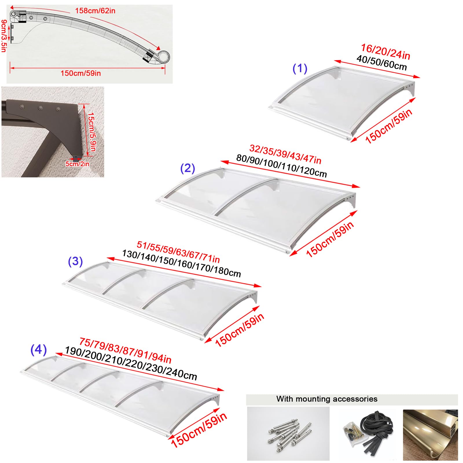 Zadaszenie zewnętrzne do Lar Sin - ochrona przed promieniowaniem UV i deszczem, poliwęglan i aluminium, pokrowiec na drzwi wejściowe/tylne, na patio, do werandy, schronienia (150 x 50 cm/59 x 20)