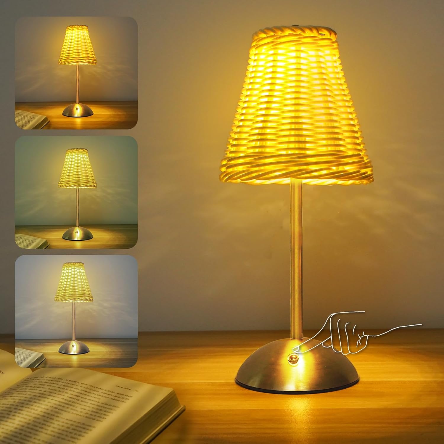 Boho Rattan Table Lamp, Cordless Wicker Woven Vintage Table Lamp - LED Rechargeable Touch Control 3 Color Dimmable Reading Bedside Lamp for Bedroom Living Room Office, Home Outdoor Decor (White-2)