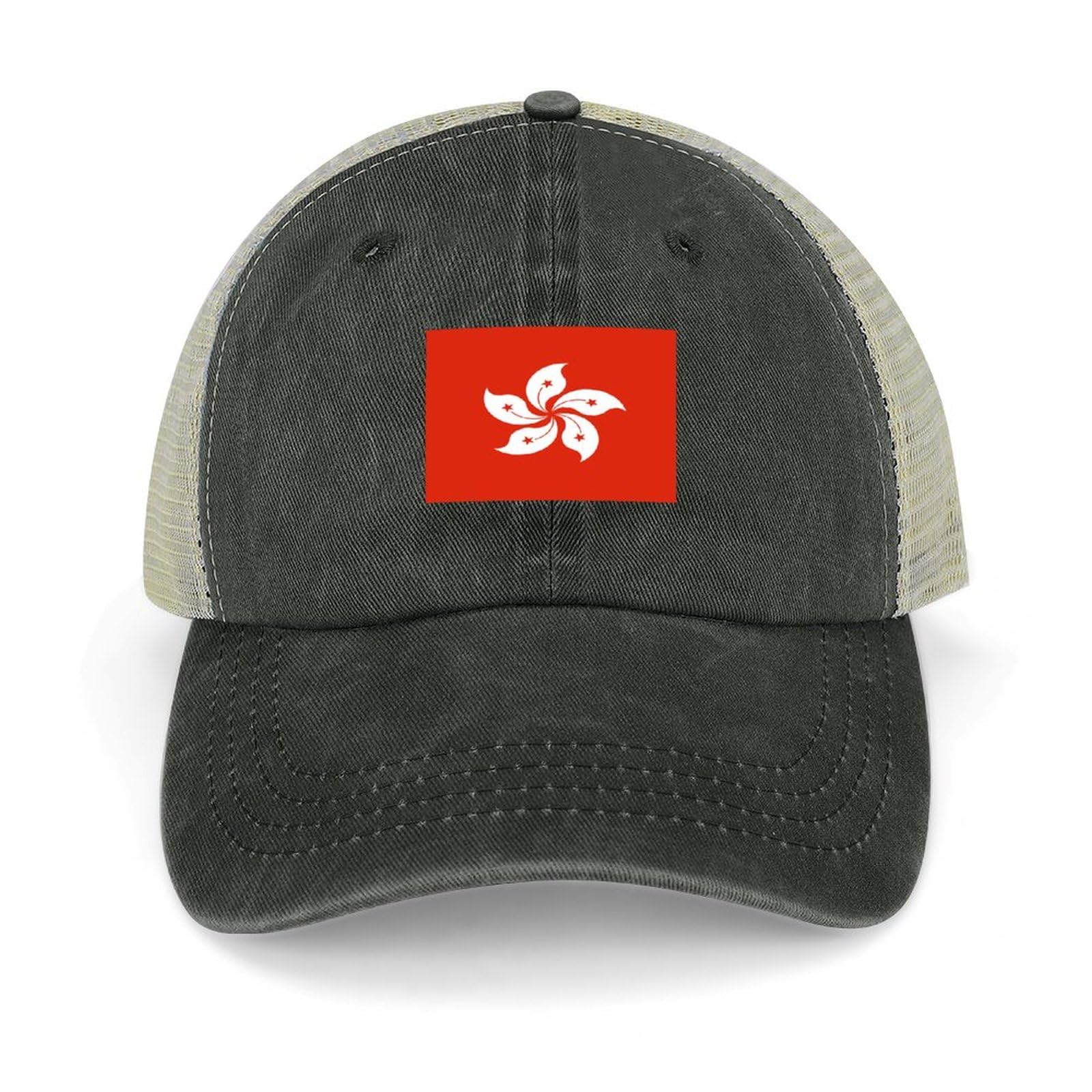 Yelolyio Hong Kong National Flag Adjustable Mesh Back Cap Hong Kong Baseball Caps Country Pride Mesh Baseball Cap Retro Washed Trucker Cap Breathable Sun Hat Black