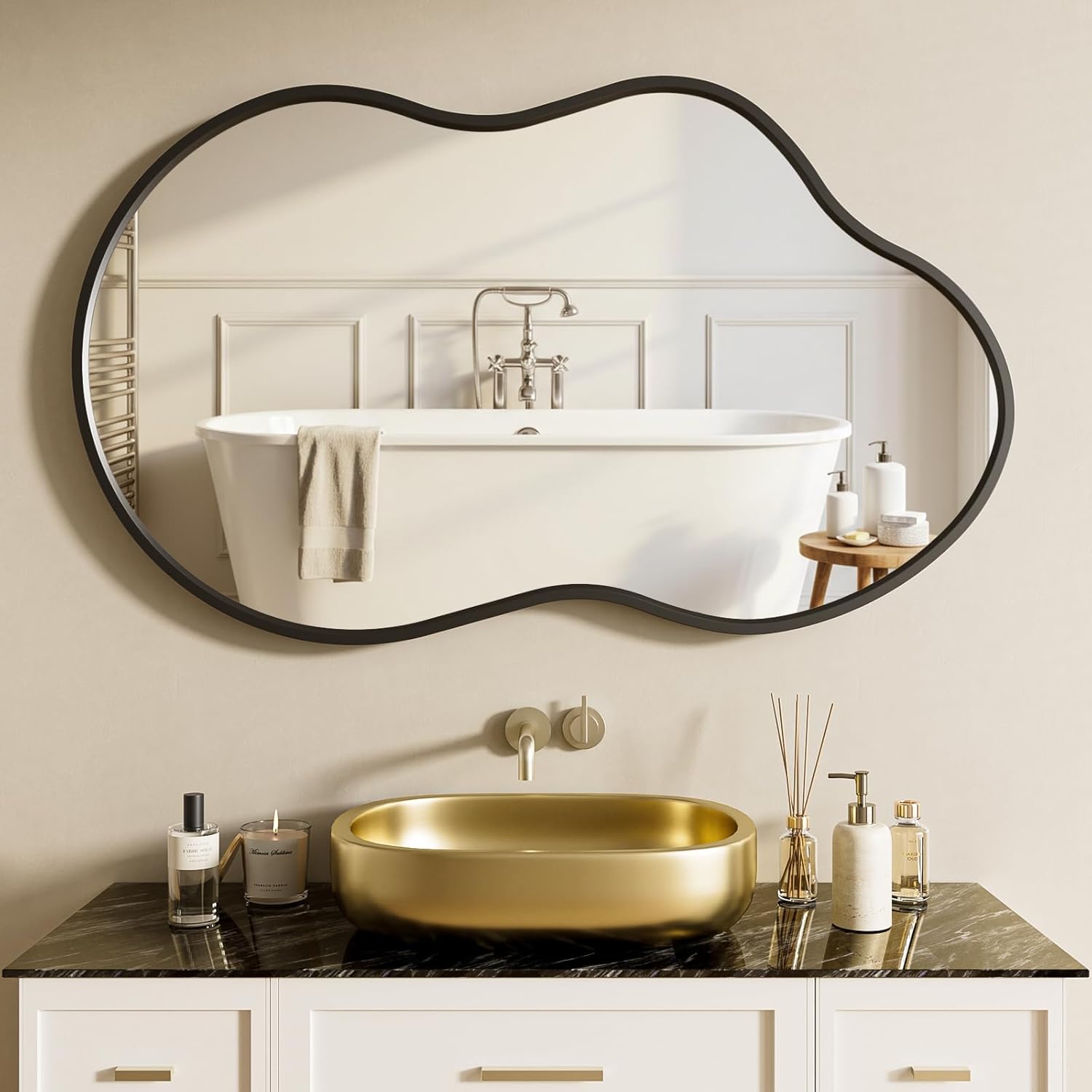 36”x 24” Irregular Wall Mirror, Black Mirrors for Over Sink, Framed Modern Bathroom Mirror, Wall Decorative for Entryway Living Room Bedroom Vanity Asymmetrical Mirror Horizontal/Vertical
