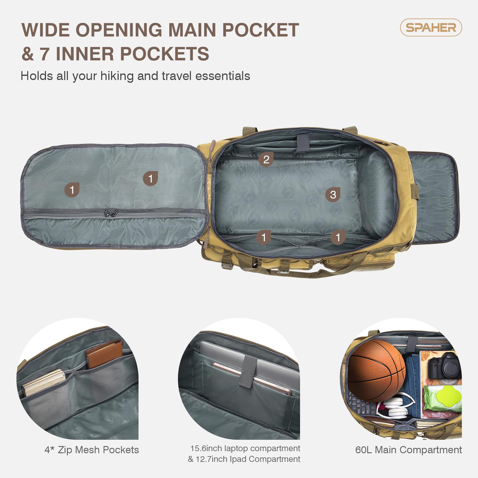 SPAHER 3 w 1 Torba Sportowa 60L Duża Taktyczny Plecak dla Mężczyzn, Khaki | Kieszenią na Buty i Mokre Rzeczy, Wodoodporny Oxford, Odpinany Pasek na Ramię, Styl Taktyczny, do Siłowni, Sportu, Wędrówek