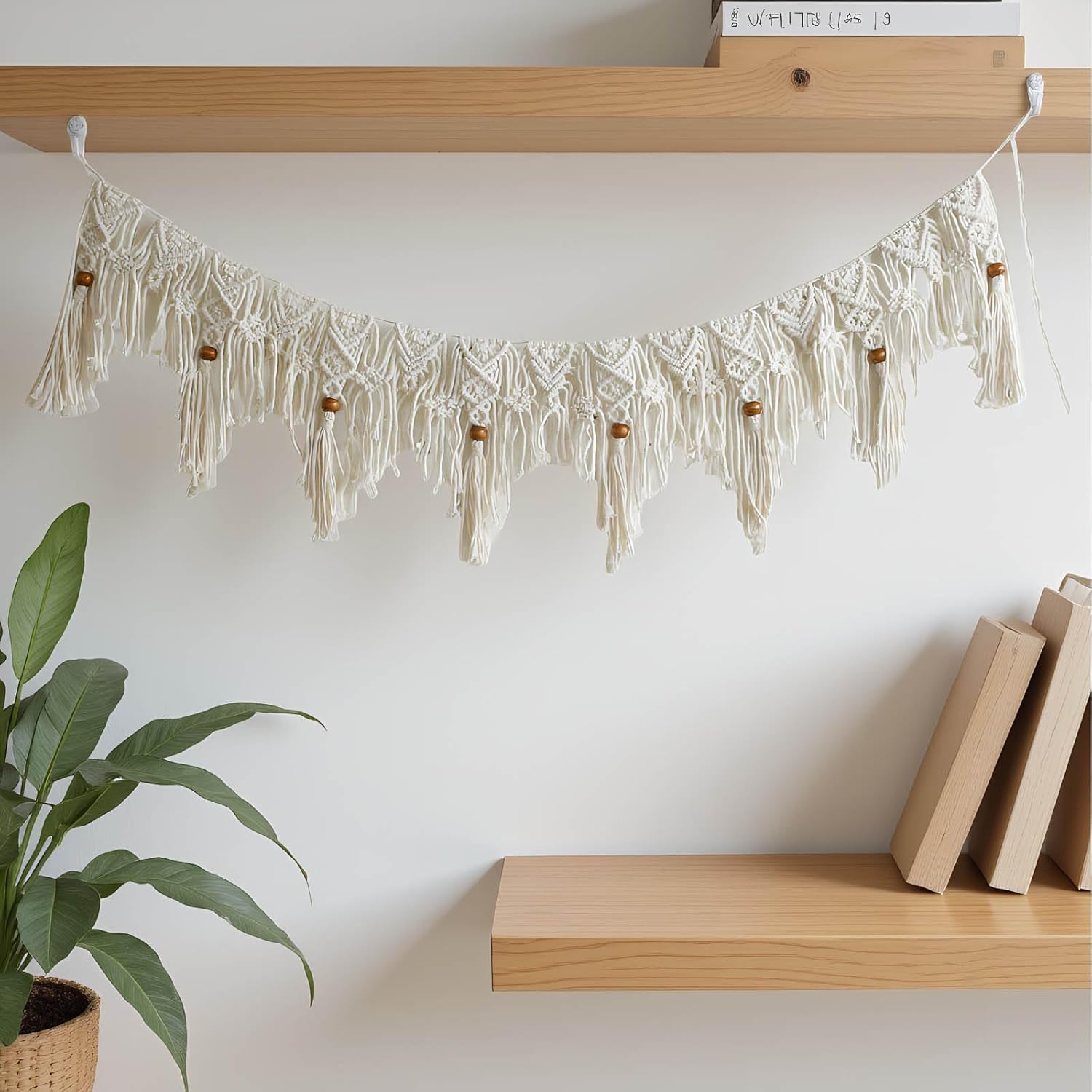 Macravine Macrame Wall Hanging Garland, Green and Cream, Bohemian Style with Wooden Beads, Handwoven Cotton Fringe Banner,44“X12.8” (Beige)