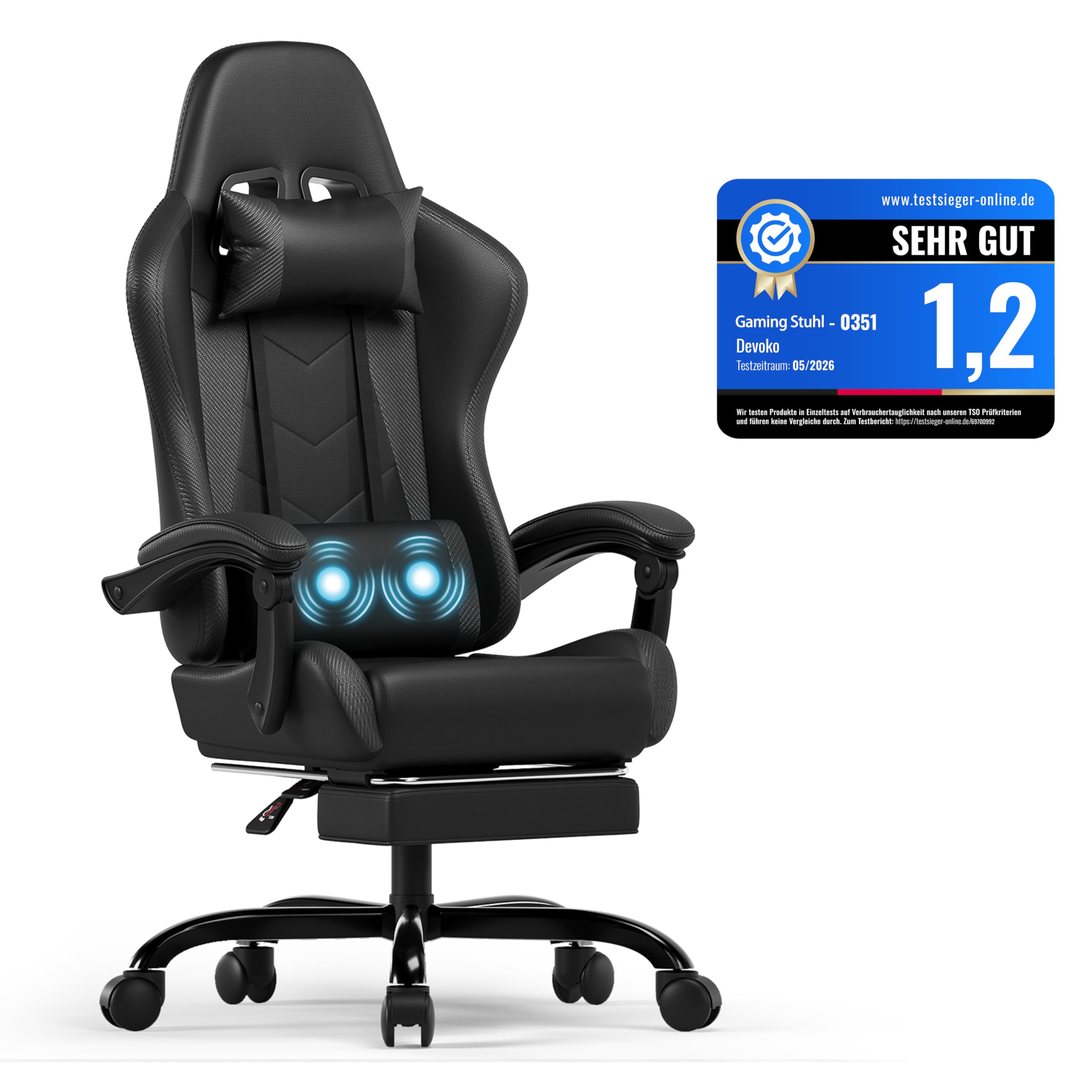 Devoko Ergonomischer Gaming Stuhl mit Massagefunktion und ausziehbarer Fußstütze, verstellbare Rückenlehne 90-135°, Komfortabler Bürostuhl für Home Office, Computersessel 150kg Belastbarkeit, Schwarz