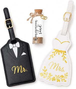 Mr & Mrs Wedding Dress and Tuxedo Luggage Tags with Honeymoon Sand Keepsake Bottle Wedding Gift for Couples, Engagement, Bridal Shower, Honeymoon Travel Accessories Glitter Mr Mrs