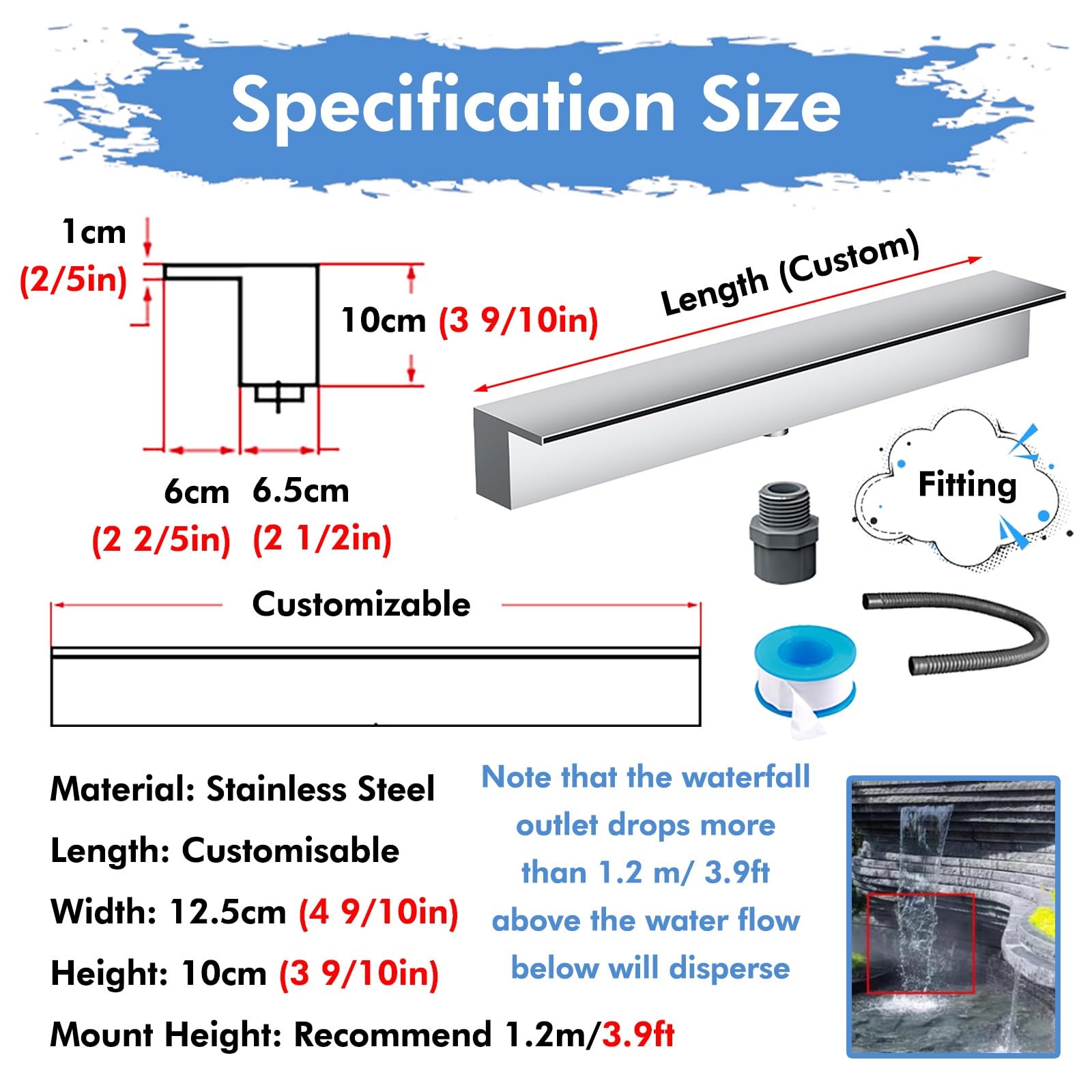 Generico Kit Cascata per laghetto di Grandi Dimensioni - Fontana Argentata da 35,5 cm (14 Pollici) per Esterni/Interni, Spa, Patio e terrazzo con Sistema di troppopieno
