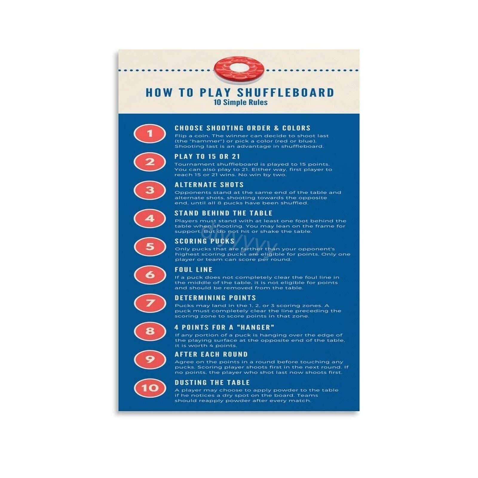 KCDFDVJFBM Shuffleboard Game Rules Guide Poster Wall-Art for Home Bar Man Cave Basement Pub Game Room Decor(Unframed,08x12inch(20x30cm))