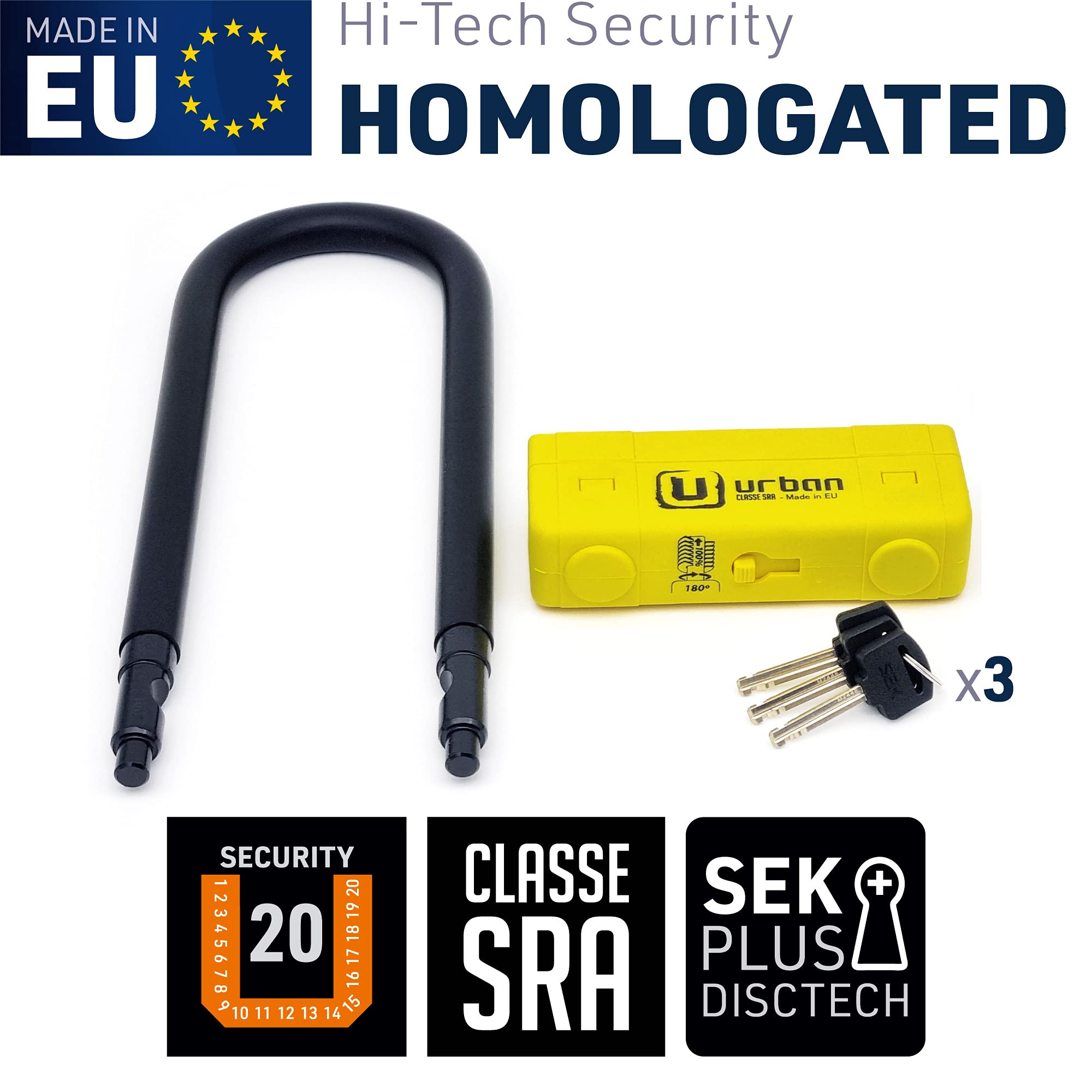 URBAN UR85250 Candado Moto U Alta Seguridad Homologado SRA, Horquilla ø18 Acero Endurecido Doble Bloqueo Antirayones, Llamativa Carcasa Más Visible, U lock Antirrobo 85x250mm para Motocicleta, Scooter