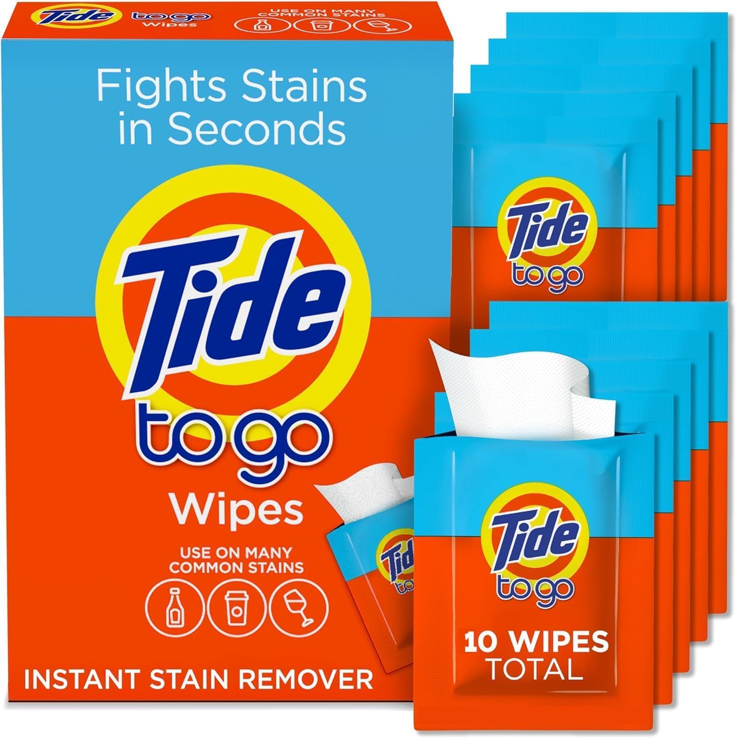 Striyco EssentialsTide To Go Wipes - Instant Stain Remover for Clothes - Travel & Pocket Size Laundry Solution - Convenient Pack for On-the-Go Spills and Marks - Effective Fabric Cleaner, 10 count
