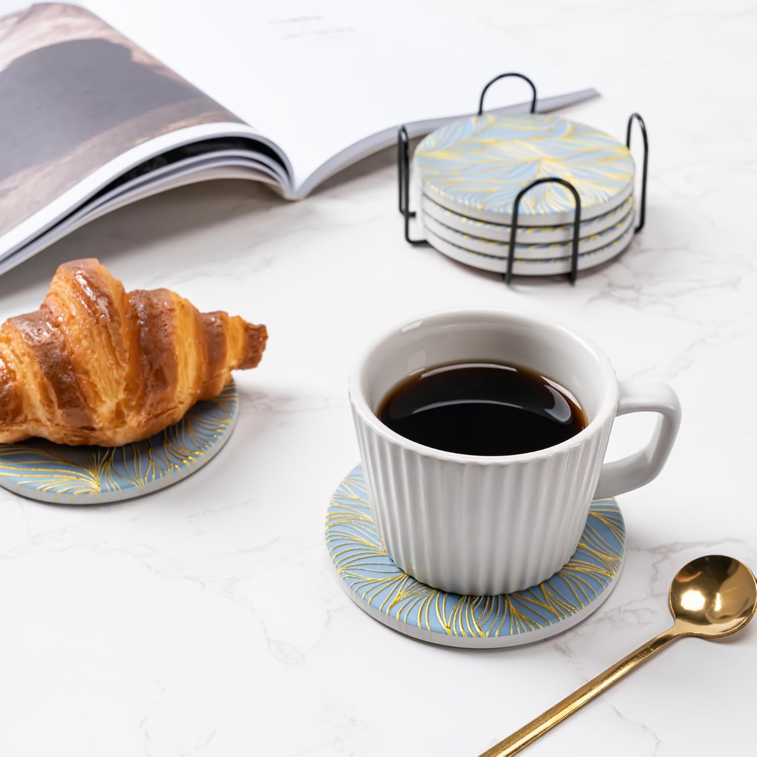 Hoewina 6Pcs Drink Coasters with Holder, Marble Style Ceramic Drink Coaster, Absorbent Coasters Set Suitable for Kinds of Cups, Modern Style Coaster for Coffee Table, 4 Inches（Gilded Relief - Image 5