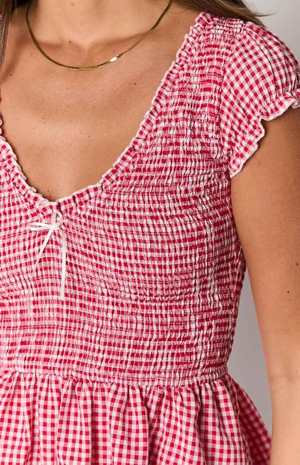 Womens Summer Gingham Rompers Date Night V Neck Puff Sleeve Smocked Wide Leg Shorts Plaid Jumpsuits - Image 4