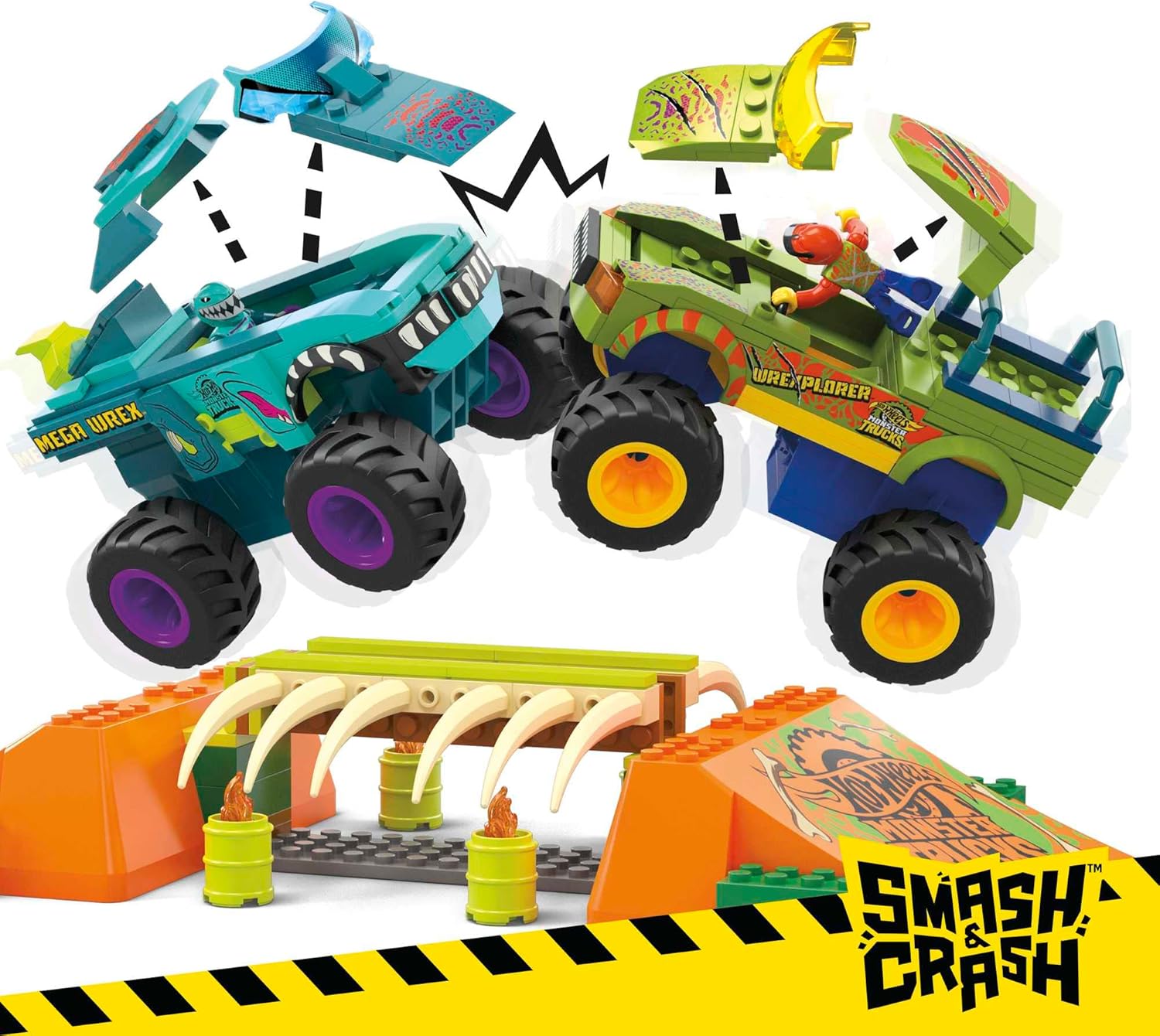 MEGA Hot Wheels Monster Trucks Building Toy, Smash & Crash Mega-Wrex Boneyard Stunt Course with 332 Pieces, 2 Figures and 2 Ramps, Kids Age 5+ Years