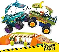 Vista 3 de MEGA Hot Wheels Monster Trucks - Juguete de construcción, Smash & Crash Mega-Wrex Boneyard Stunt Course con 332 piezas, 2 figuras y 2 rampas, niños