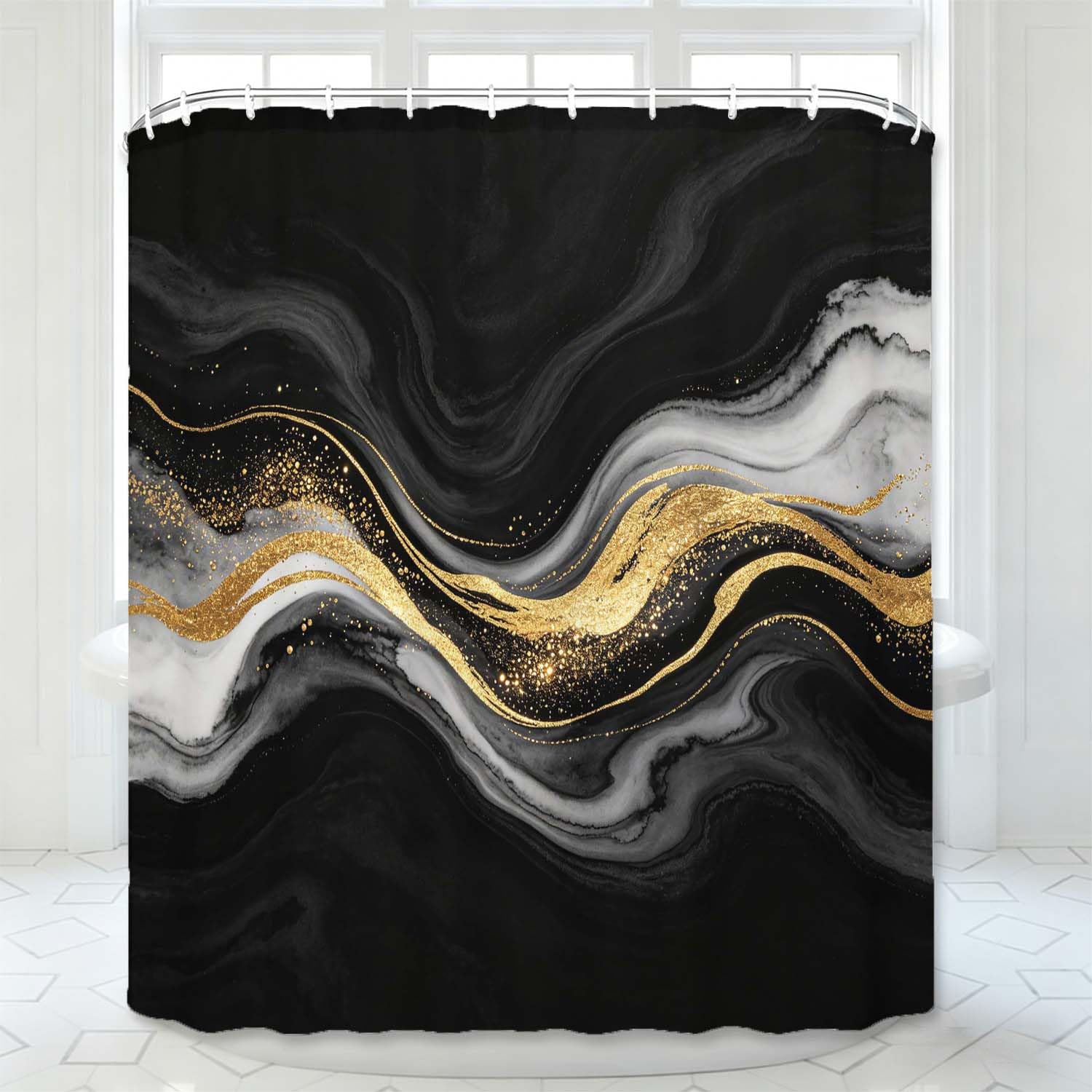 Rideau de Douche Anti Moisissure Marbre, Rideau de Bain Or Noir 3D Rideaux de Douche en Polyester, Imperméable, Lavable en Machine, avec Crochets, 300 x 200 cm 1738-YLP