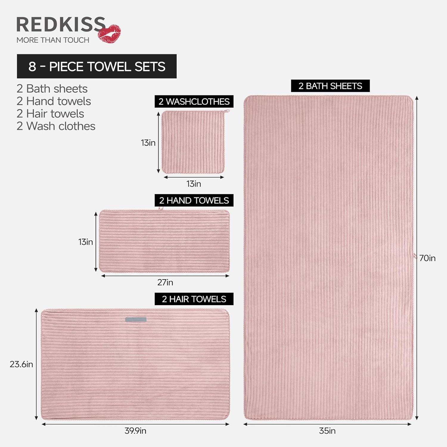 REDKISS Pink Bath Towels Set 8 Piece - Microfiber Bathroom Towels of 8 Large, Highly Absorbent Bath Towel, Soft Shower Towel for Bathroom, Hotel 2 Bath Sheet 2 Hand 2 Washcloths 2 Hair Towel Wrap