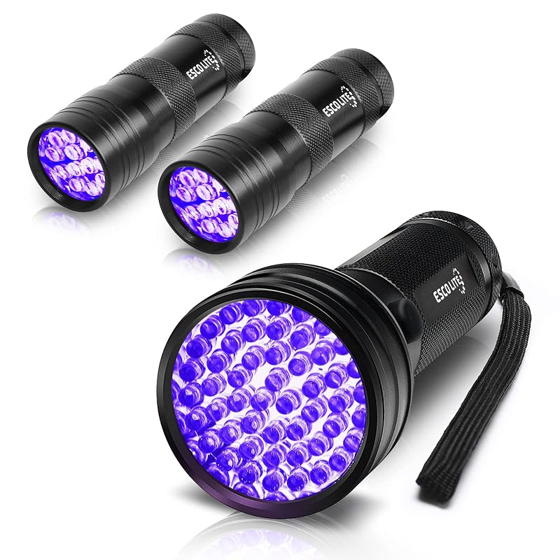 Lanterna UV para Detecção de Urina de Animais com 51 LEDs e 2 Lanternas com 12 LEDs 395 nm ESCO LITE – Pacote com 3