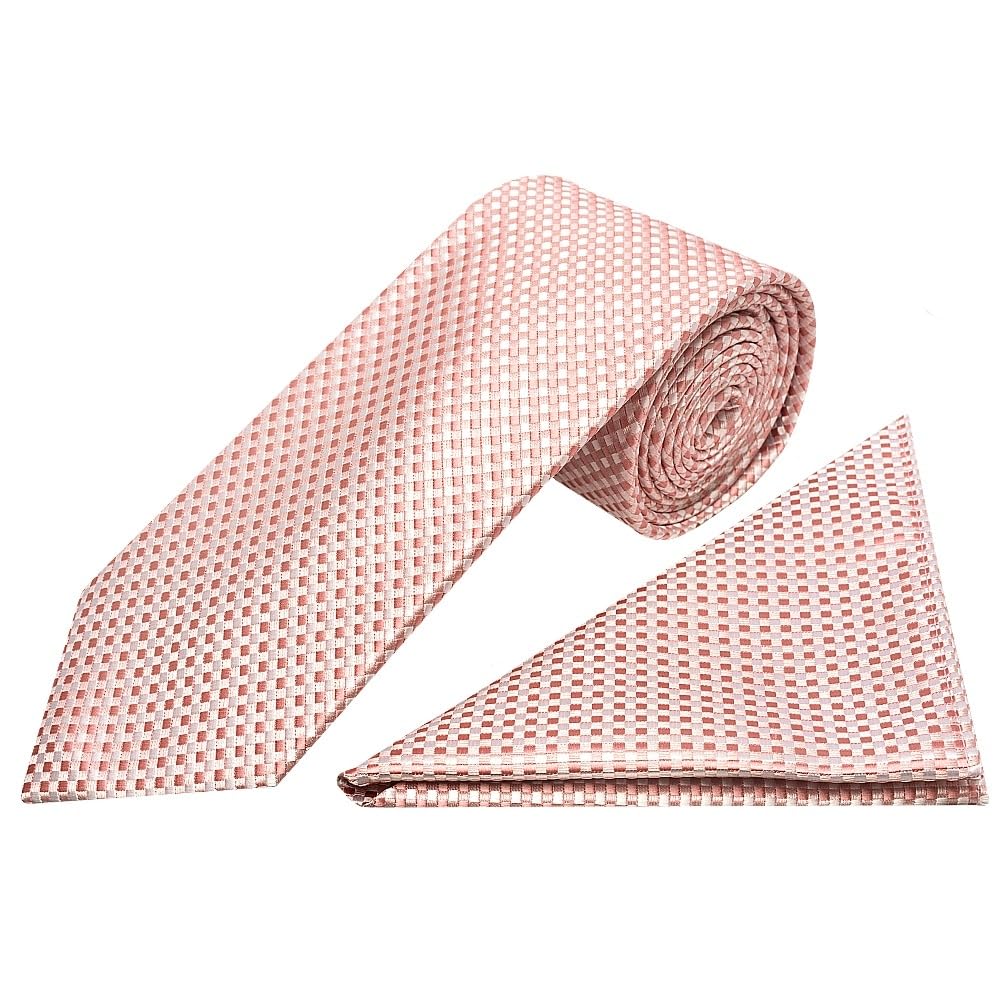 Ties R Us Men's Pink Rose Gold Diamond Neat Classic Tie And Pocket Square Set