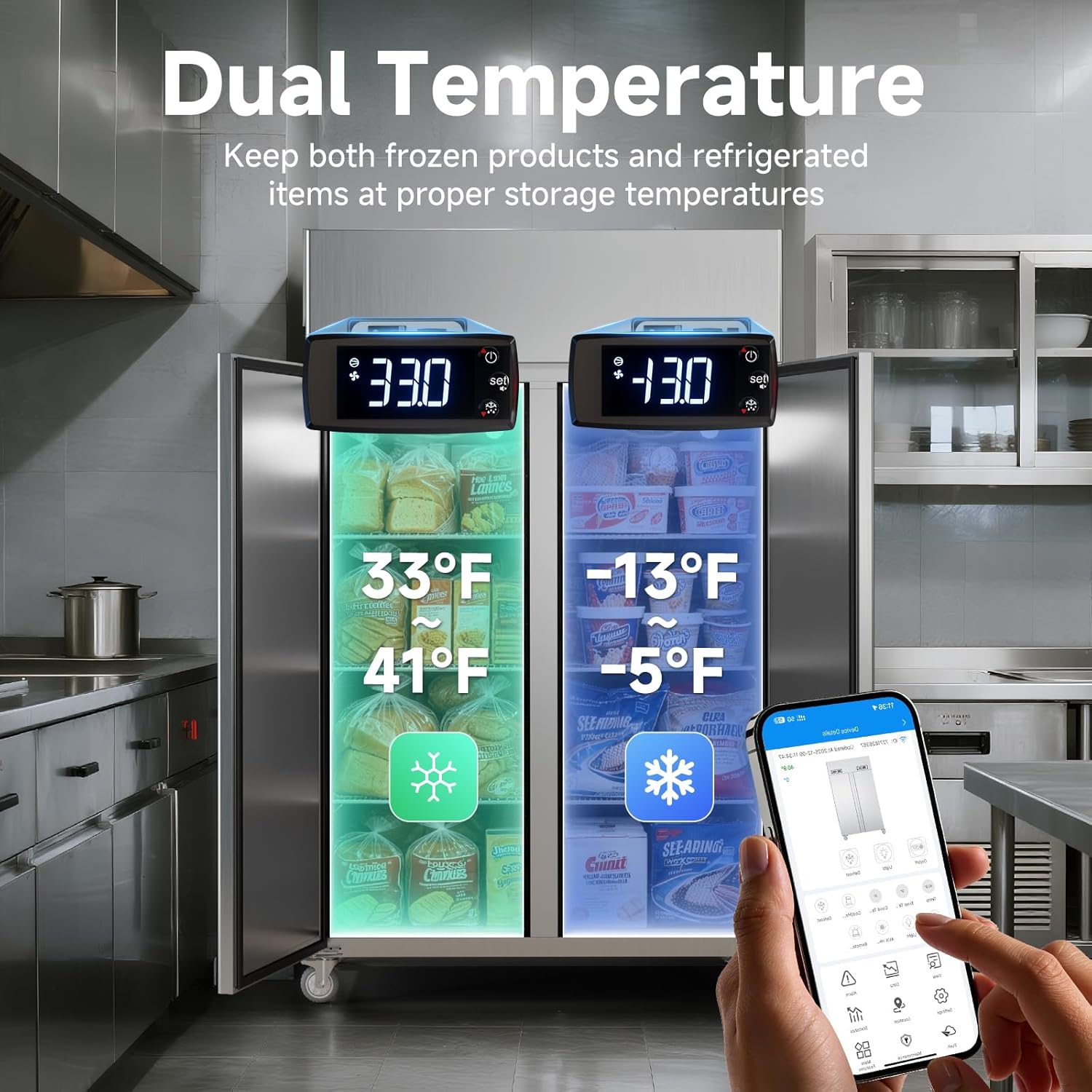 VEECOOL Commercial Refrigerator Freezer Combo WiFi Enabled with Smart App Control, 48" W 36 Cu.Ft Dual Temperature Stainless Steel Upright Fridge and Freezer Combo for Restaurant, Garage, Kitchen
