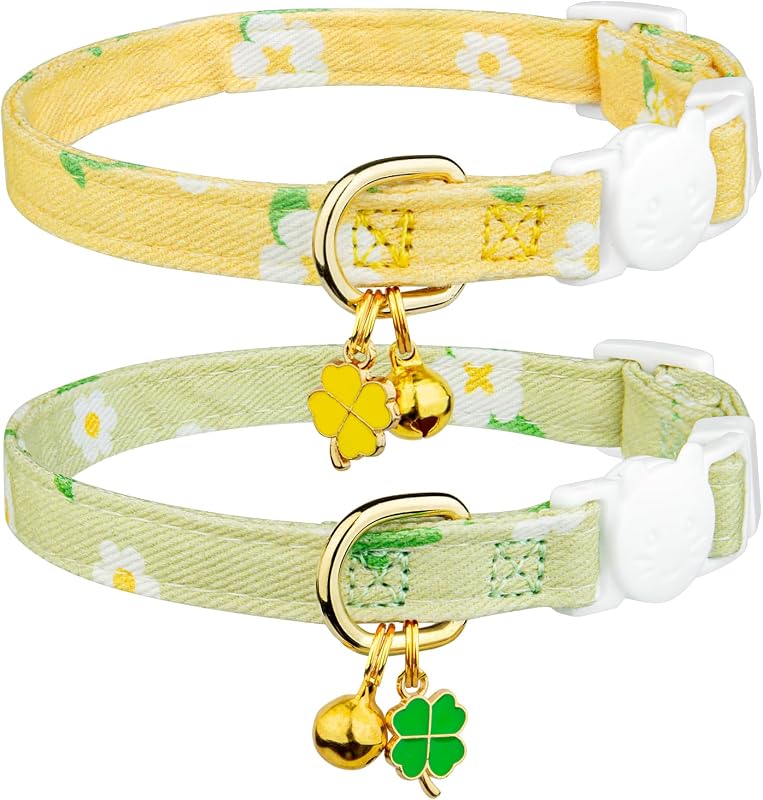Coleira para Gatos de Algodão com Fecho de Segurança e Sino, Estampa Floral Verde e Amarela FYEQYAOU, Pacote com 2