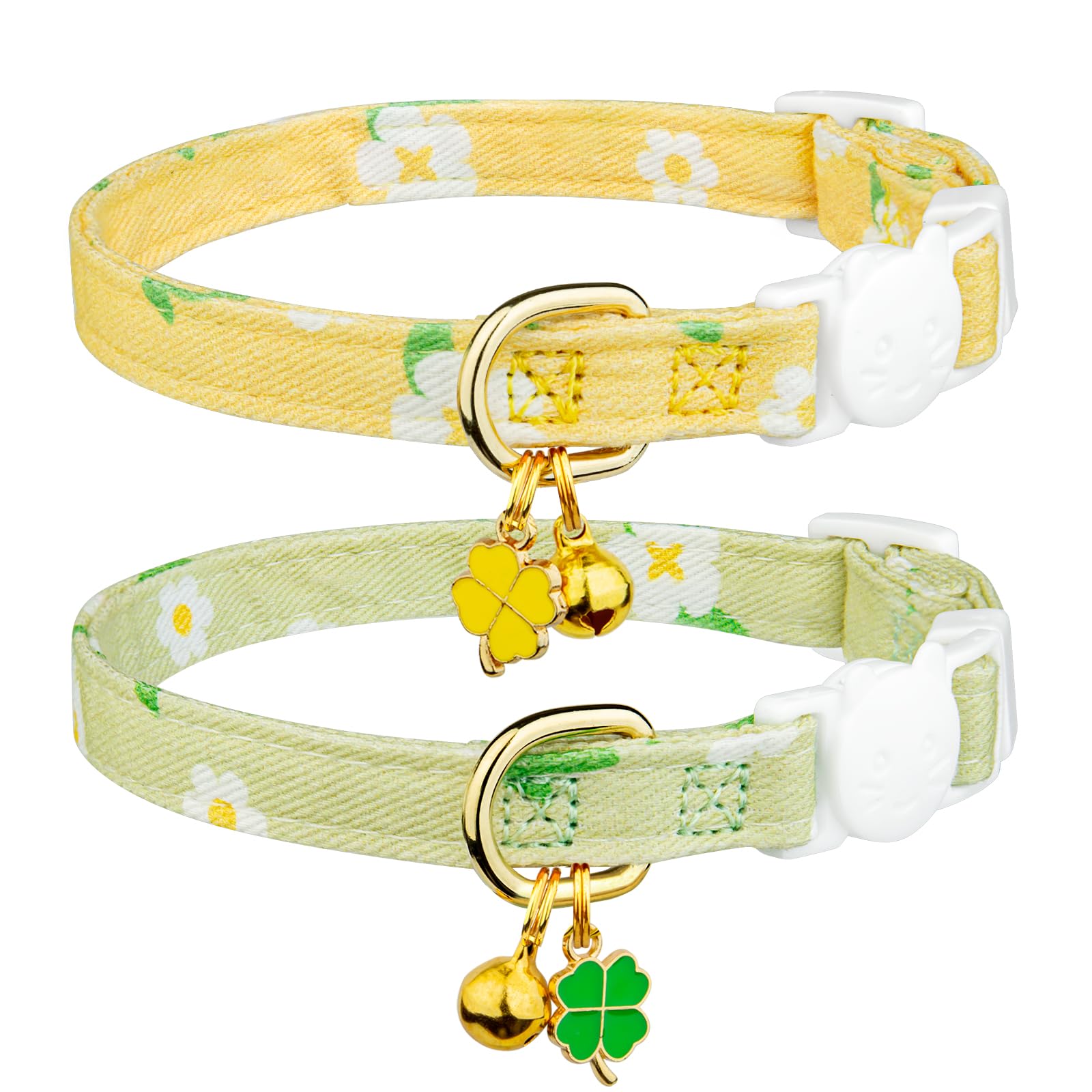 Paquete de 2 collares de algodón para gatos, colgante de flores verdes y amarillas, collar de gato lindo con campana, ideal para niñas, gatos, niños y gatos