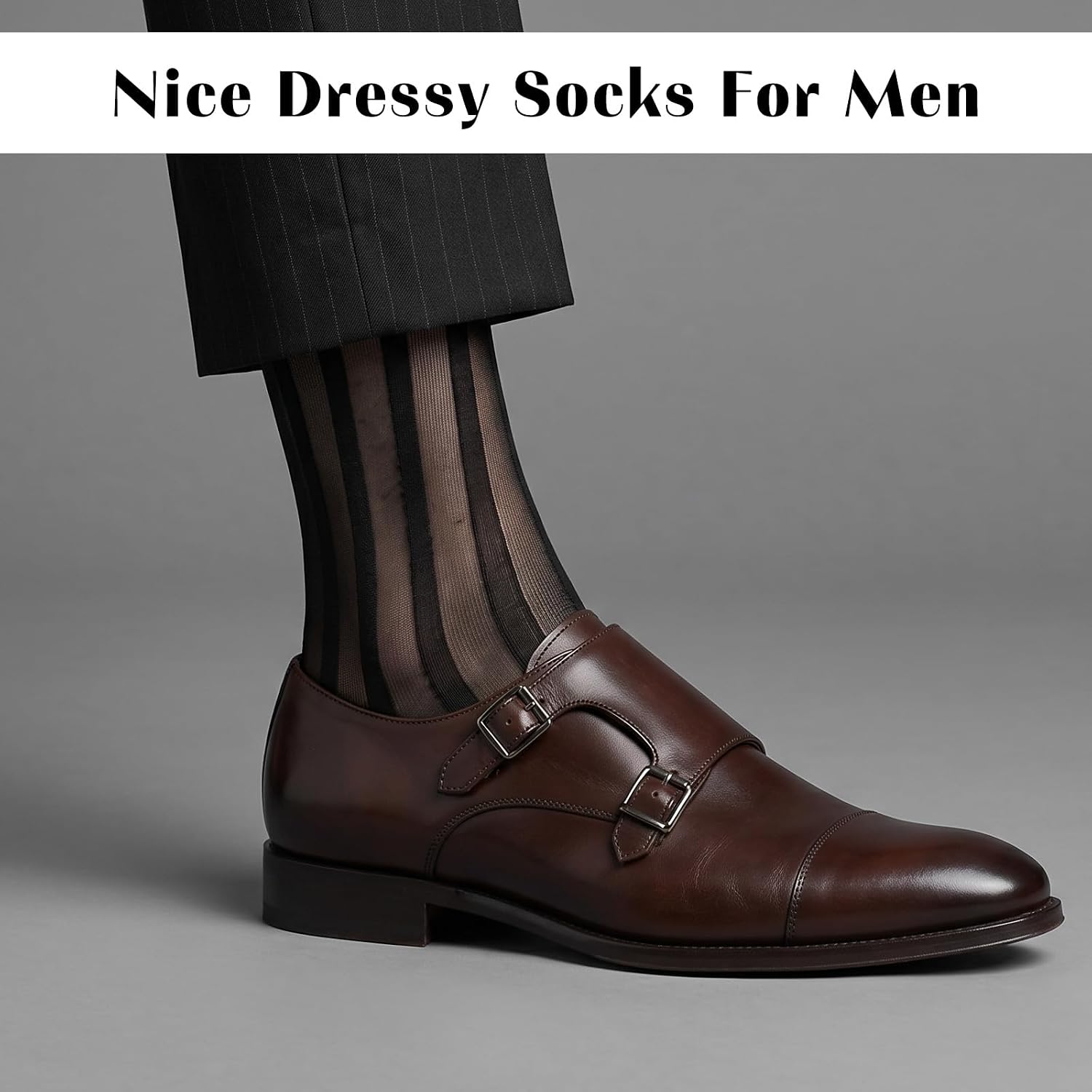 2 Pairs Mens Silk Sheer Socks, Men Casual Business Dress Socks Striped Sheer Nylon Stockings Mens Dress Sock Formal Suit See(Black,)