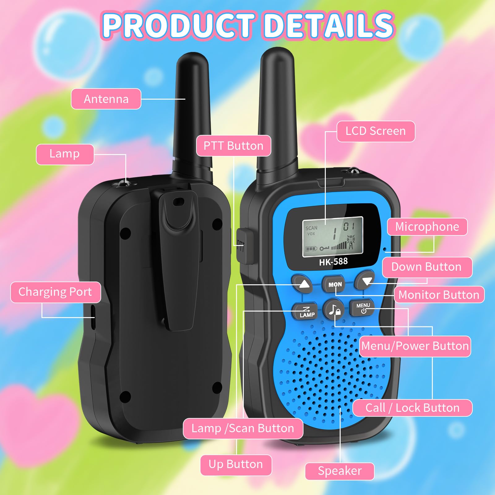 Walkie Talkies para niños, 3 unidades, recargable, 1.9 mi, de mano, de largo alcance, radio de 22 canales, 2 vías, regalos de fiesta de cumpleaños para niñas de 3 a 12 años, exteriores 5