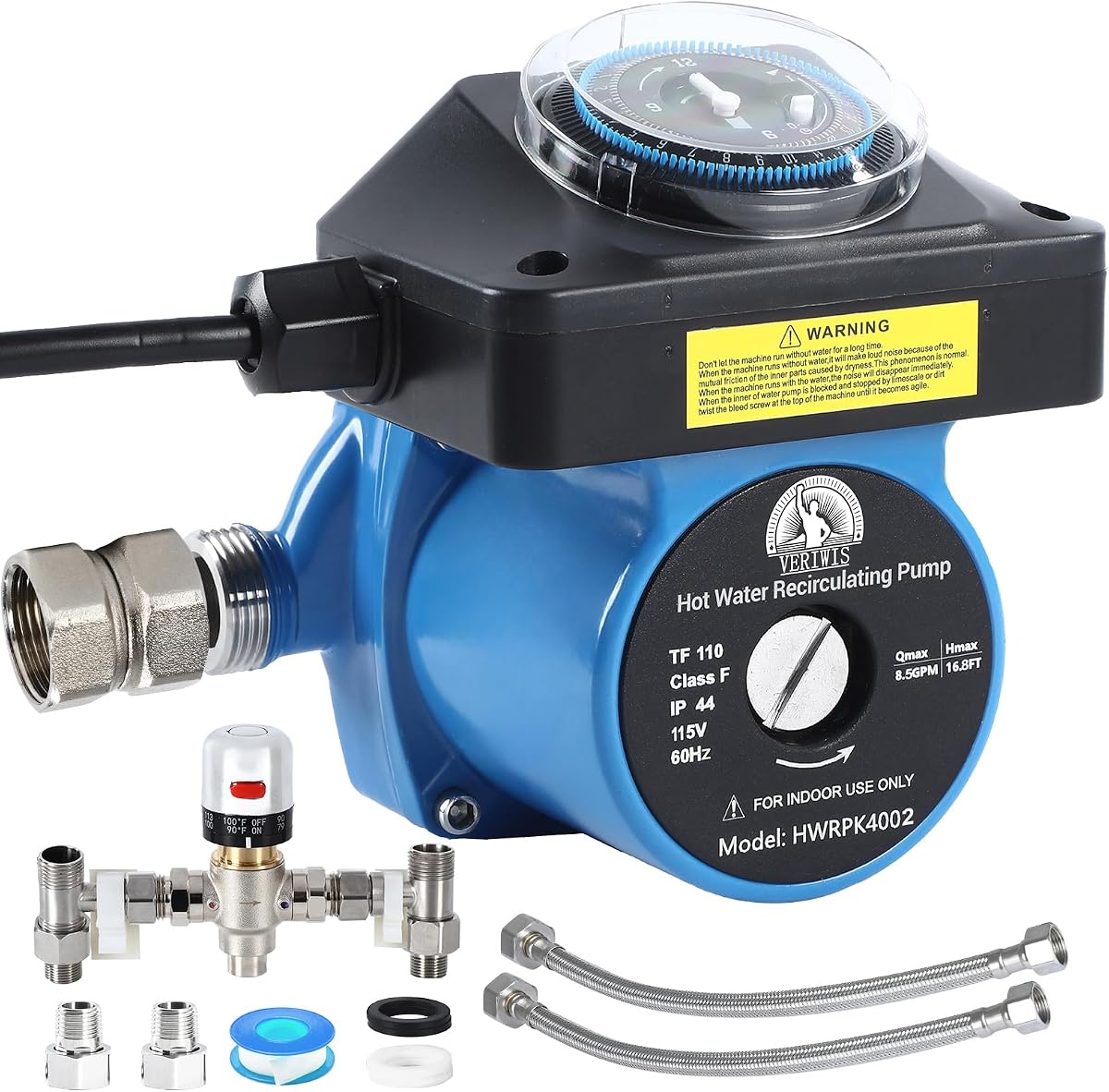 Kit de bomba de recirculación de agua caliente para calentador de agua de tanque | 3 años de garantía, reemplace 595916 0955805, válvula de derivación ajustable de acero inoxidable, control de temporizador, bomba de circulación para casa