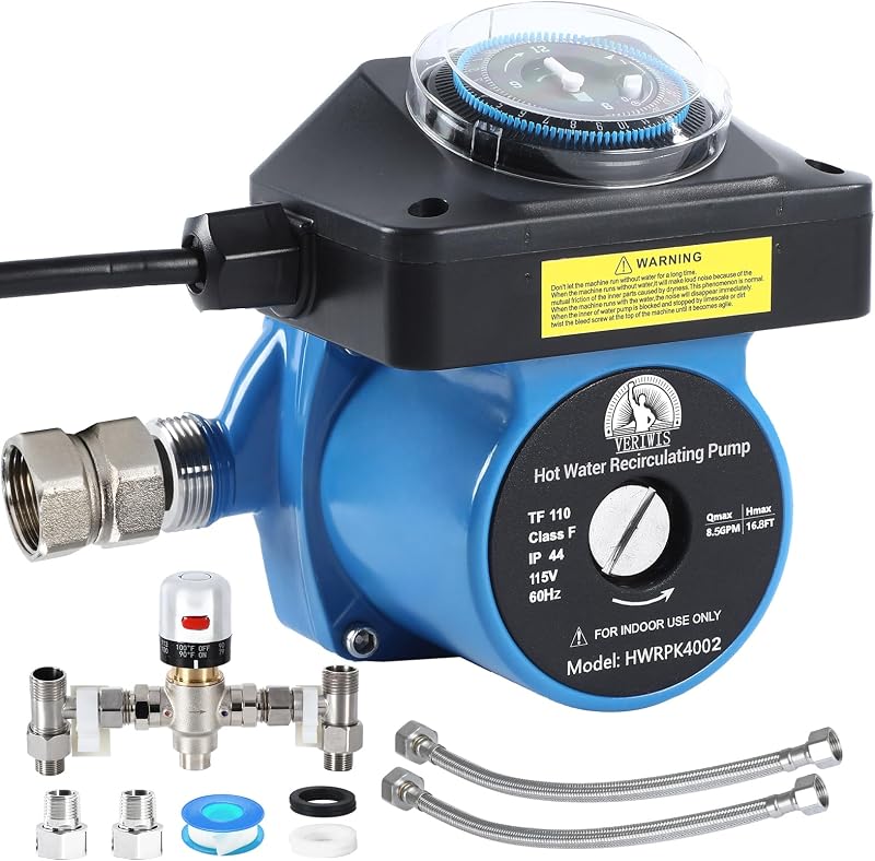 Kit de bomba de recirculación de agua caliente para calentador de agua de tanque | 3 años de garantía, reemplace 595916 0955805, válvula de derivación ajustable de acero inoxidable, control de temporizador, bomba de circulación para casa
