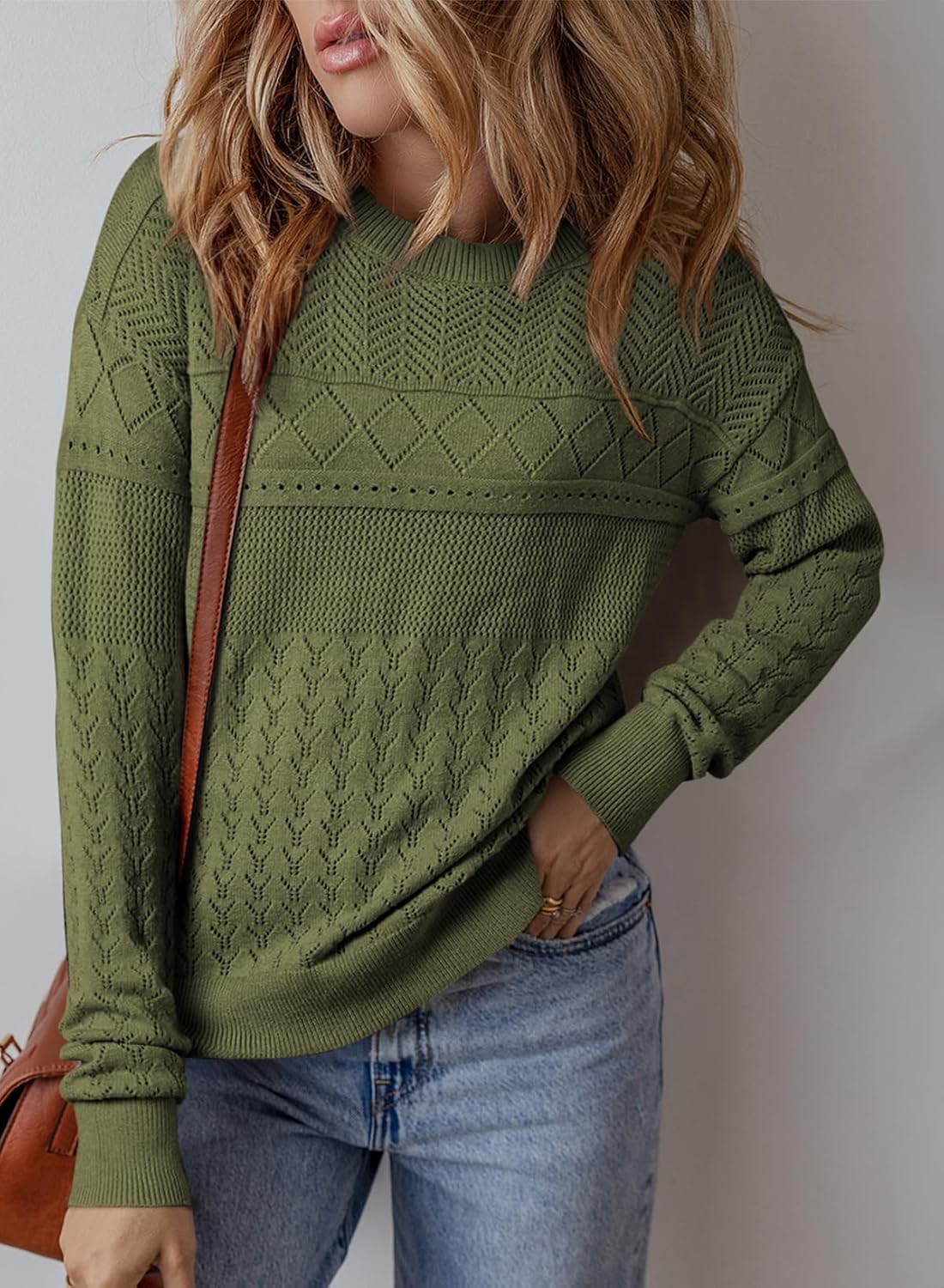 SHEWIN Fall Sweaters for Women Casual Crewneck Long Sleeve Crochet Pullover Tops Sweater - Image 2