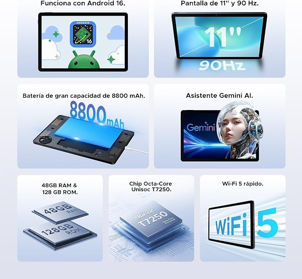 P11 Android 16 Tablet 11 Pulgadas, 48GB RAM + 128GB ROM/2TB TF, 120Hz, T7250 Octa-Core, 8800mAh, 13MP+5MP, Gemini AI, Widevine L1, Face ID, GPS, OTG, Doble Altavoz, Tablet con Teclado y Lápiz, Negro - 2