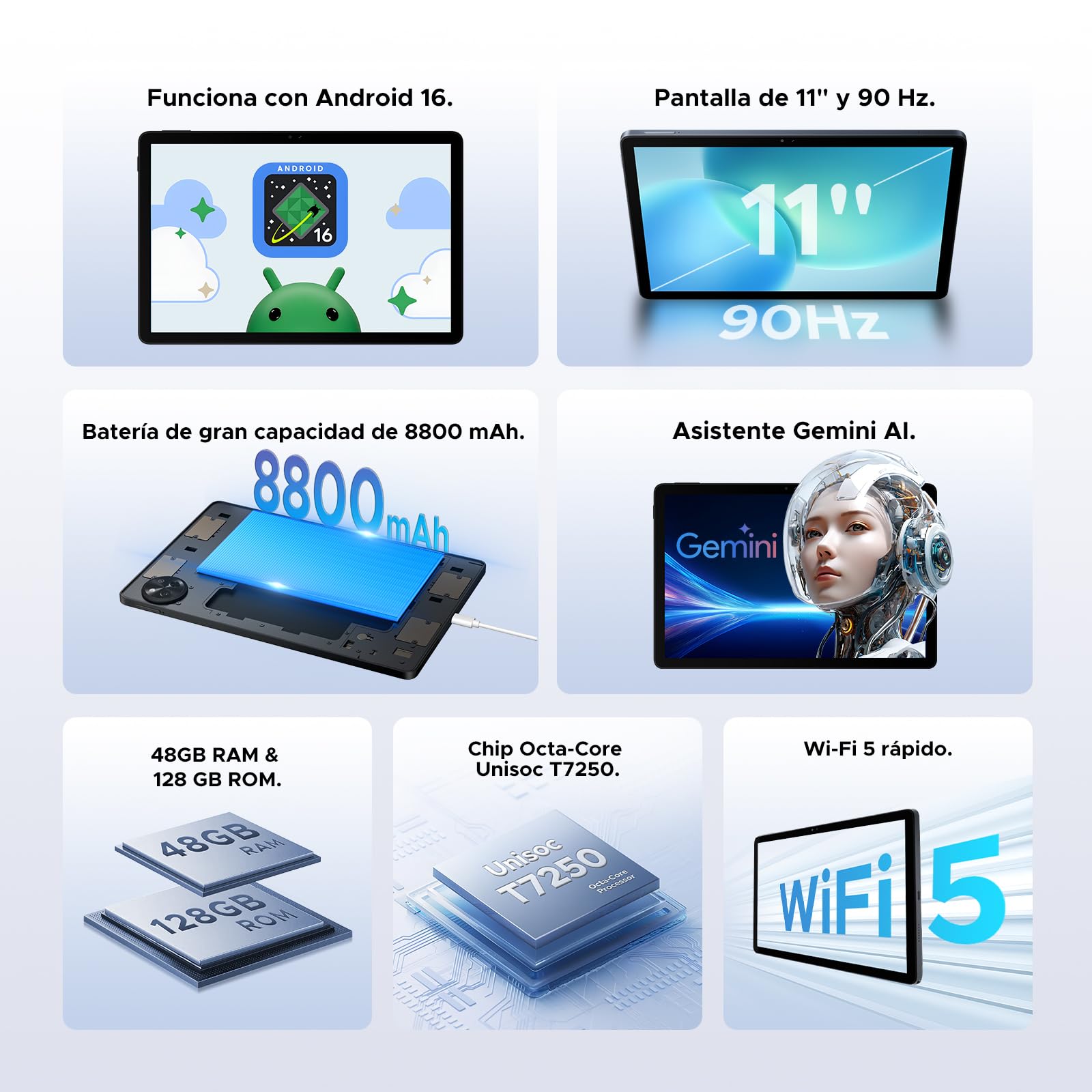 P11 Android 16 Tablet 11 Pulgadas, 48GB RAM + 128GB ROM/2TB TF, 120Hz, T7250 Octa-Core, 8800mAh, 13MP+5MP, Gemini AI, Widevine L1, Face ID, GPS, OTG, Doble Altavoz, Tablet con Teclado y Lápiz, Negro - 3