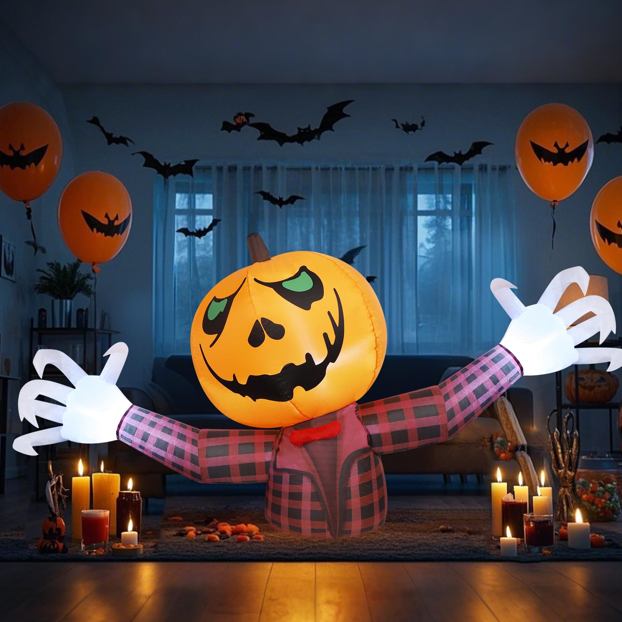 Youngfan Halloween nadmuchiwany duch dyni o długości 7 stóp Nadmuchiwany duch dyni Jack-O-Lantern na zewnątrz ze światłami LED, idealny na podwórko, ogród, imprezę i uroczystości