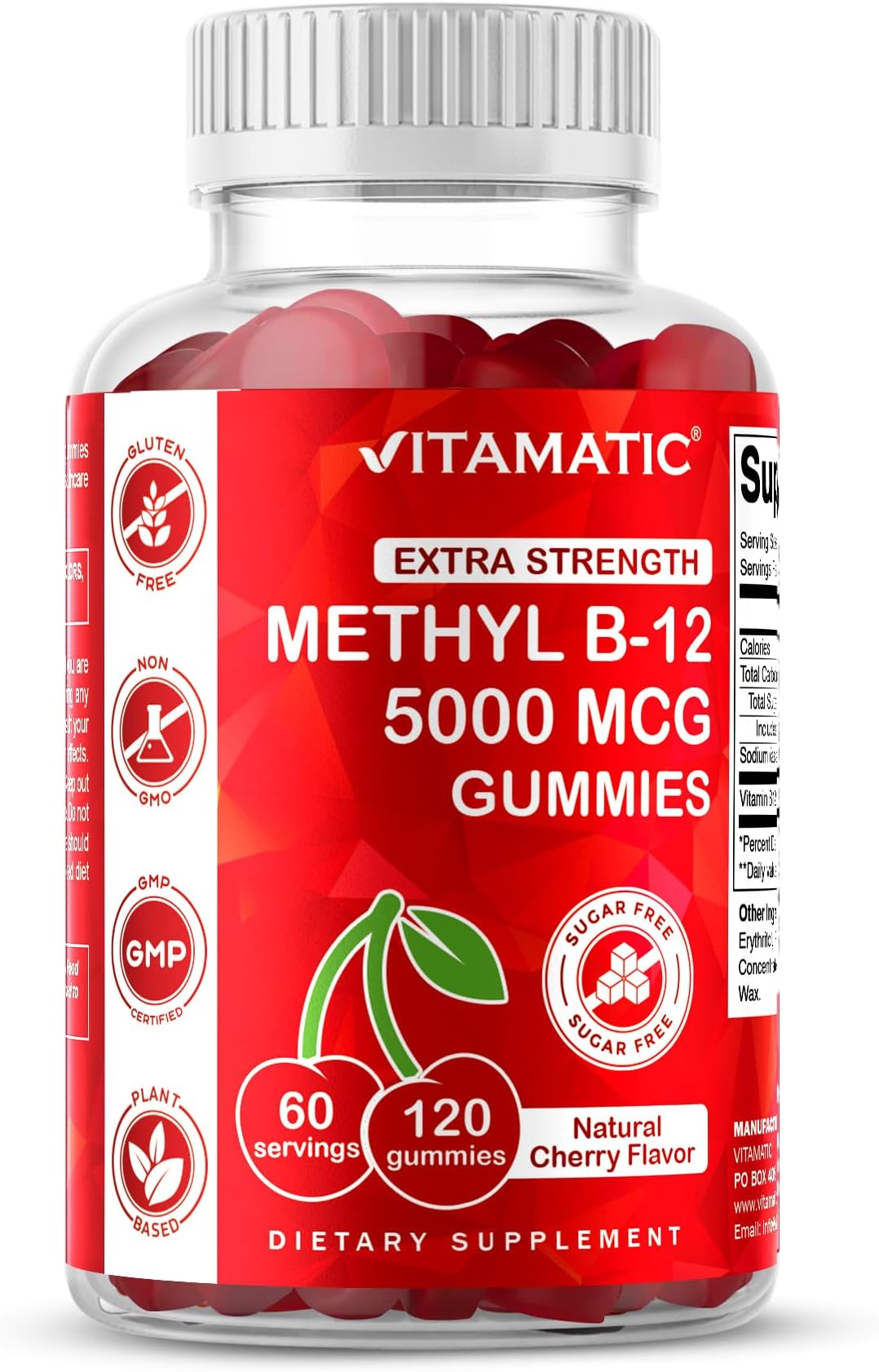 Extra Strength Vitamin B12 5000 mcg (Methyl B12) Gummies - 120 Count - Energy Metabolism Support and Nervous System Health Support, Natural Cherry Flavored (1)