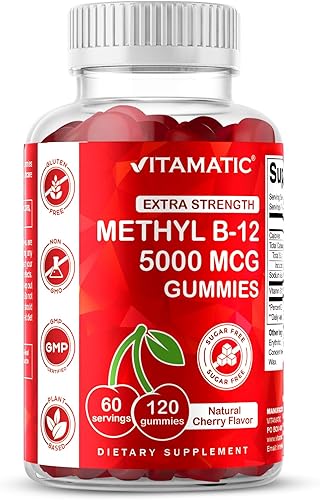 Vitamatic Gomitas de vitamina B12 de 5000 mcg (metil B12), 120 unidades, apoyo al metabolismo energético y apoyo a la salud del sistema nervioso,