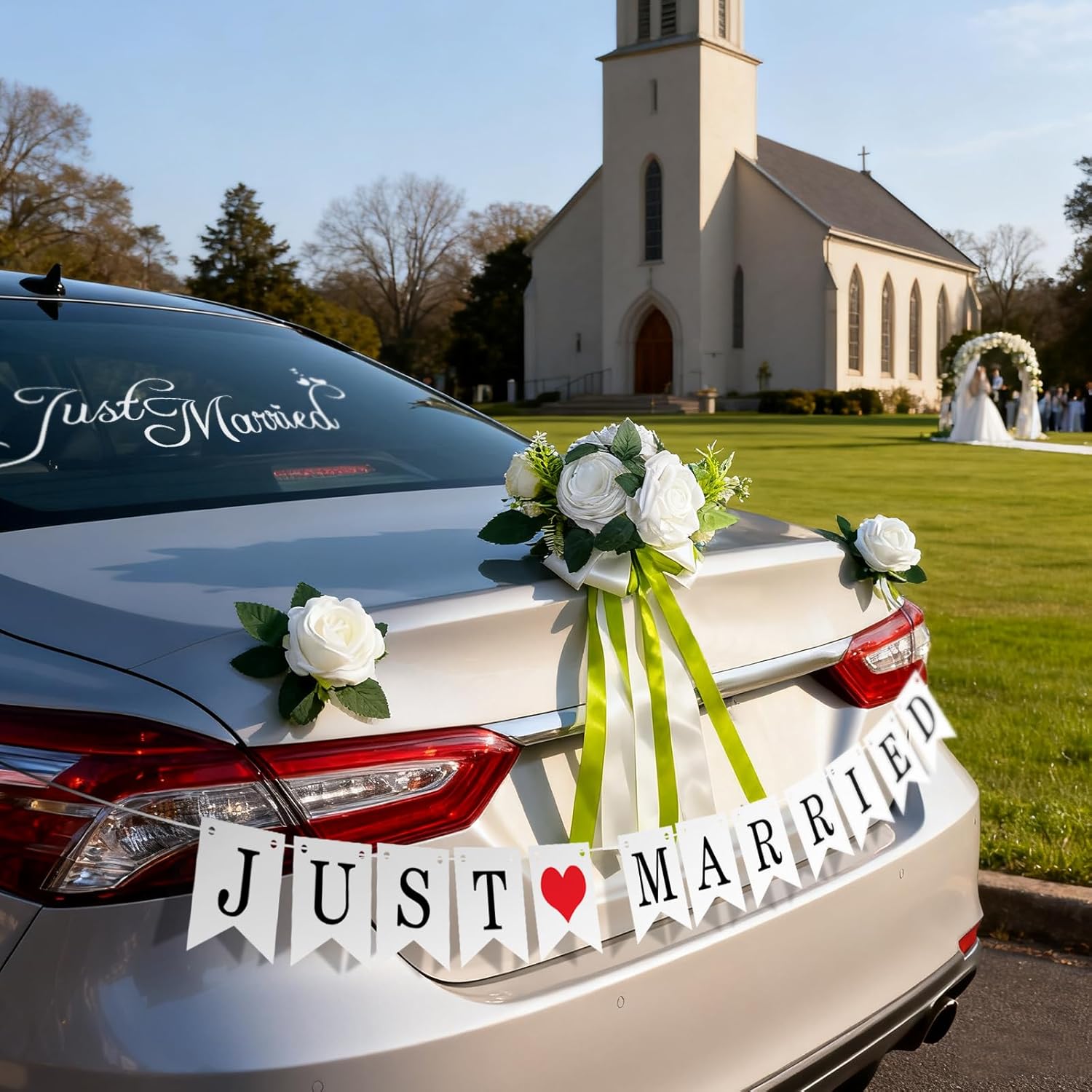 Just Married Car Wedding Decorations Set Includes Suction Cup Artificial Flowers, Just Married Sign Banner, Romantic Window Decals, Wedding Car Exterior Accessories for Bride, Honeymoon