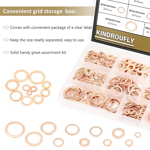 Miniatura 7 de Kindroufly 320 arandelas planas métricas de cobre, arandelas de sellado, arandelas de cobre de 11 tamaños, kit surtido de arandelas de metal (M5 M6