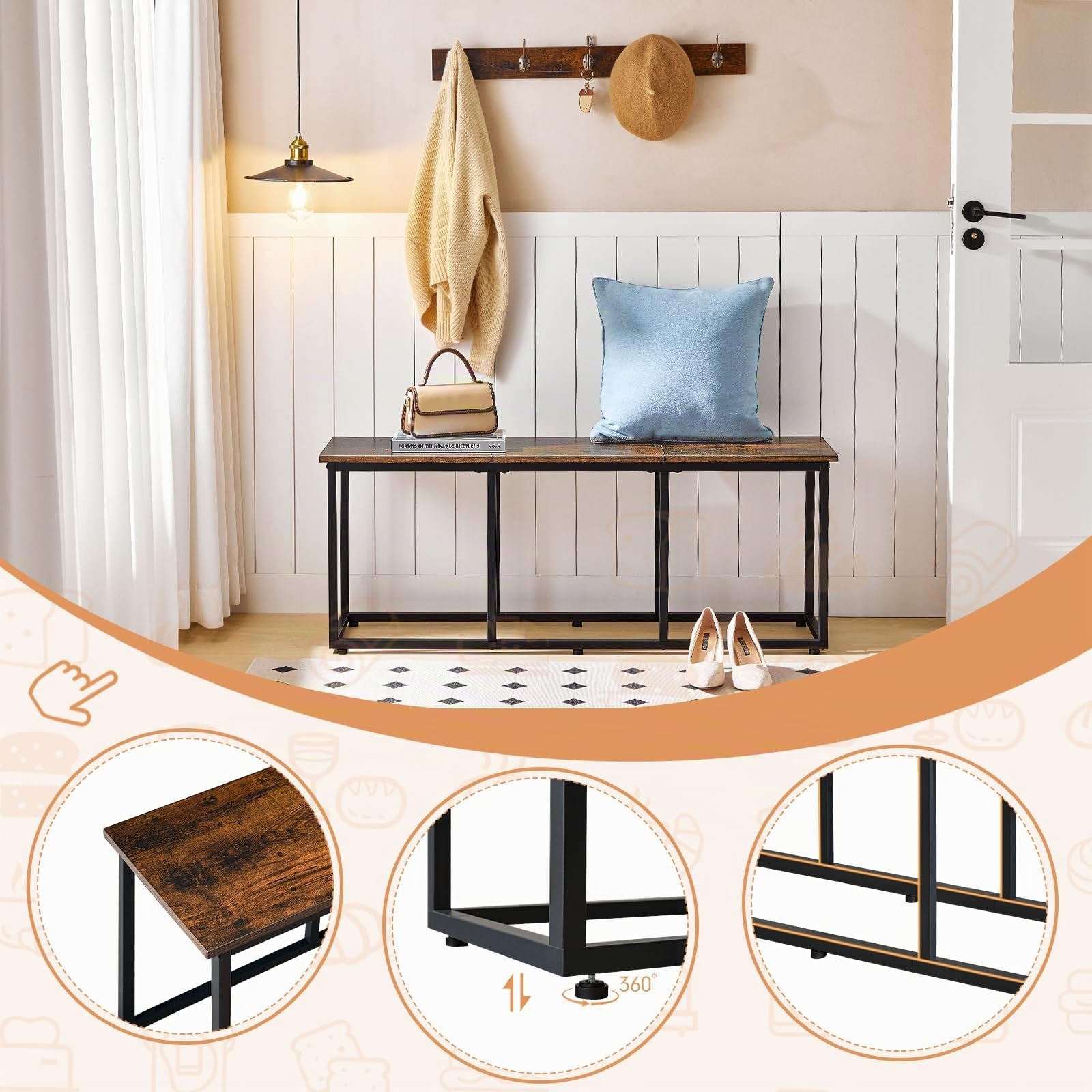 HOOBRO Taburete de Comedor de 120 cm, Banco de Consola, Estilo Industrial, para Cambiar Zapatos, Reposapiés de Cama, Fácil de Montar, para Cocina, Entrada, Marrón Rústico y Negro EBF45CD01