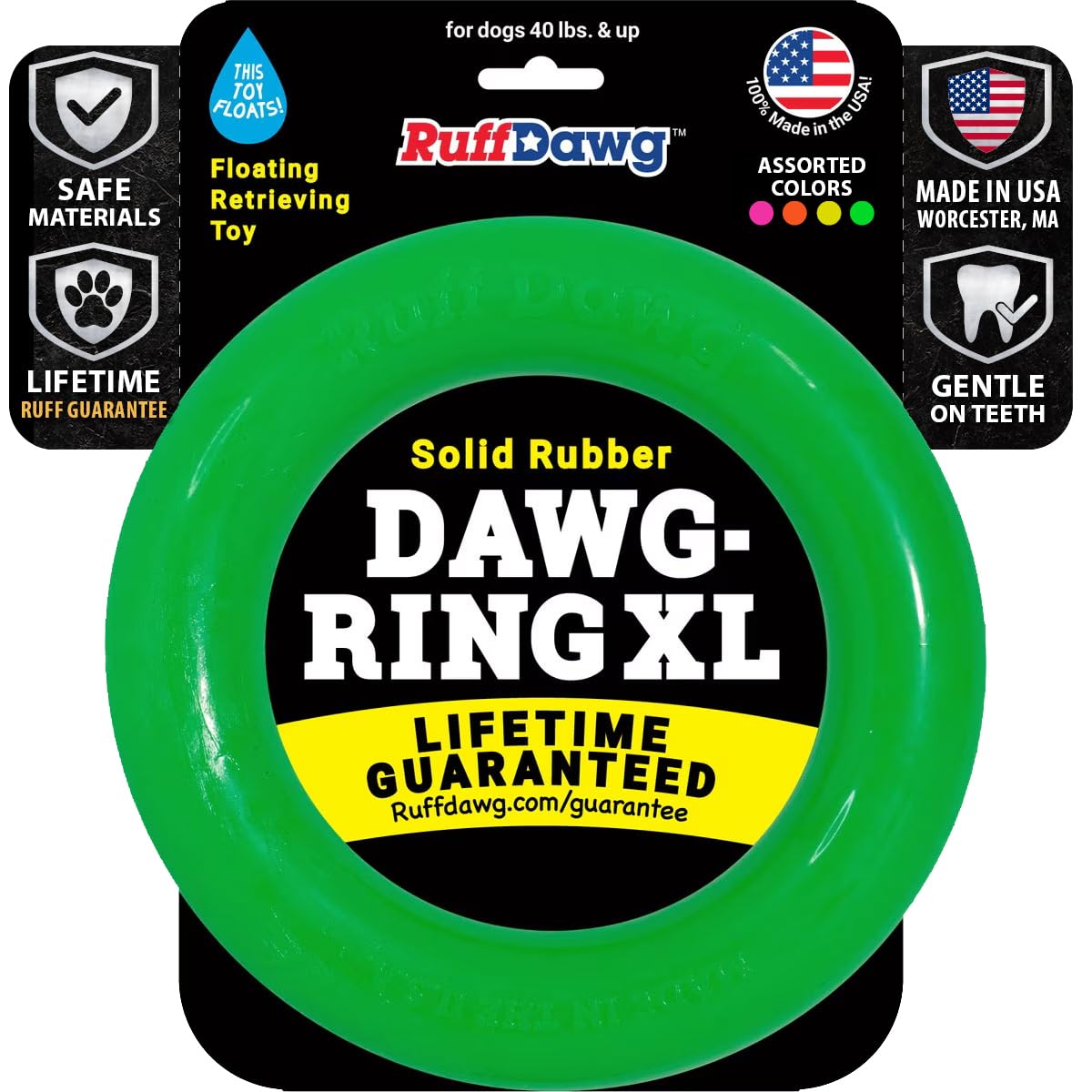 Ruff Dawg Indestructible Dawg-Ring XL 8” Green – Heavy-Duty Solid Rubber Tug & Fetch Toy for Dogs 40 lbs & Up – Floats & Bounces – Made in USA