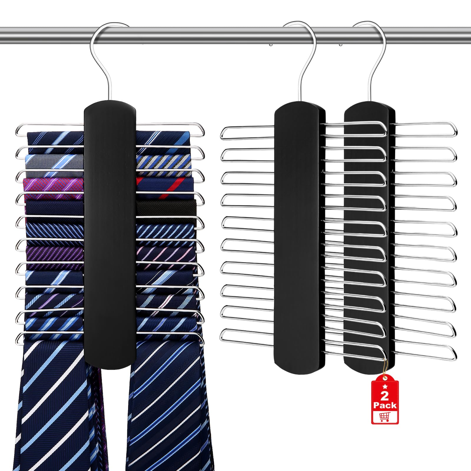 YYILISTie Rack for Closet, 2 Pack Premium Wooden Necktie Organizer Storage Rack Hanging 40 Ties Black