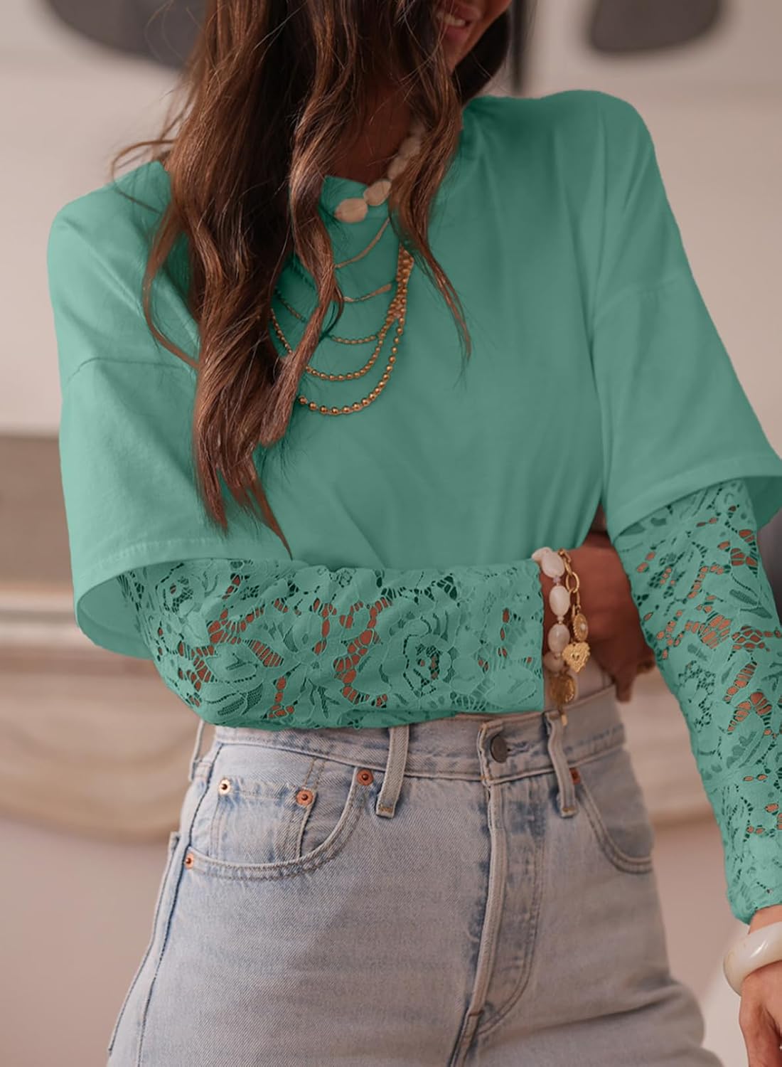 Acelitt Womens Mesh Long Sleeve Tops Crewneck Lace Blouse Shirts,S-XXL - Image 2