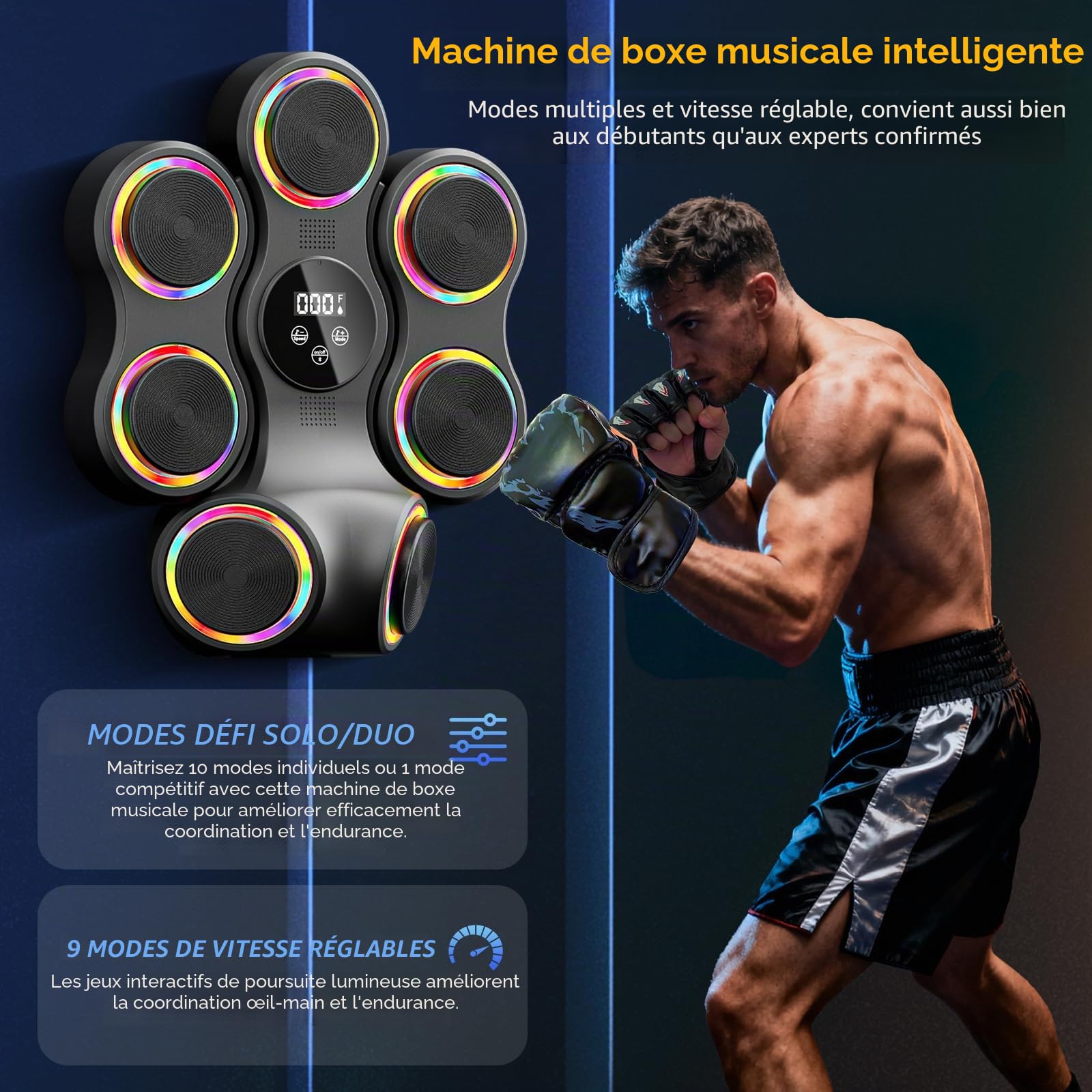 Machine de boxe musicale avec gants de boxe, entraîneur de boxe Bluetooth intelligent, machine de montage mural pour adultes et enfants, cible de boxe électronique pour la maison, le bureau, la salle