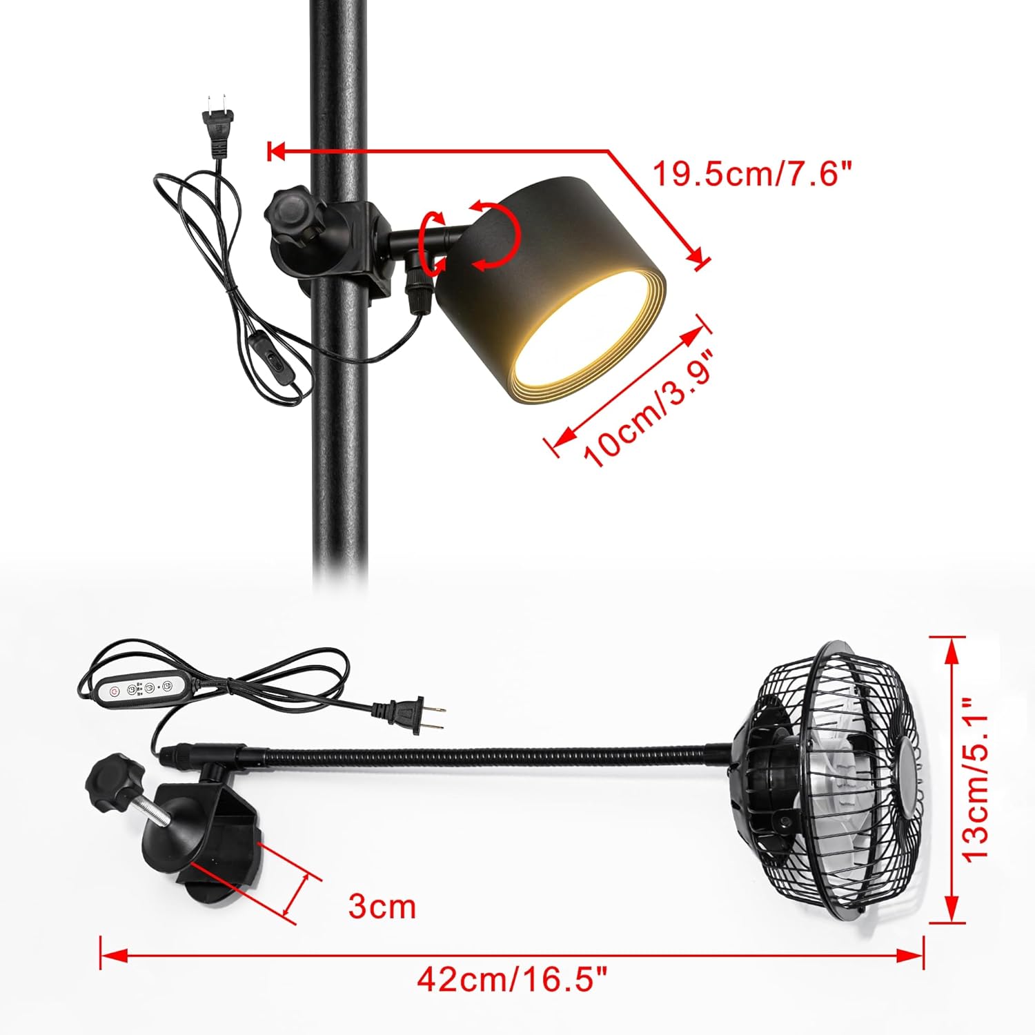 Clip-On Remote Light & Timer Fan 5.9ft Plug-in Cord Adjustable Angle Black Metal Vintage Design For Corner Indoor Plants Home